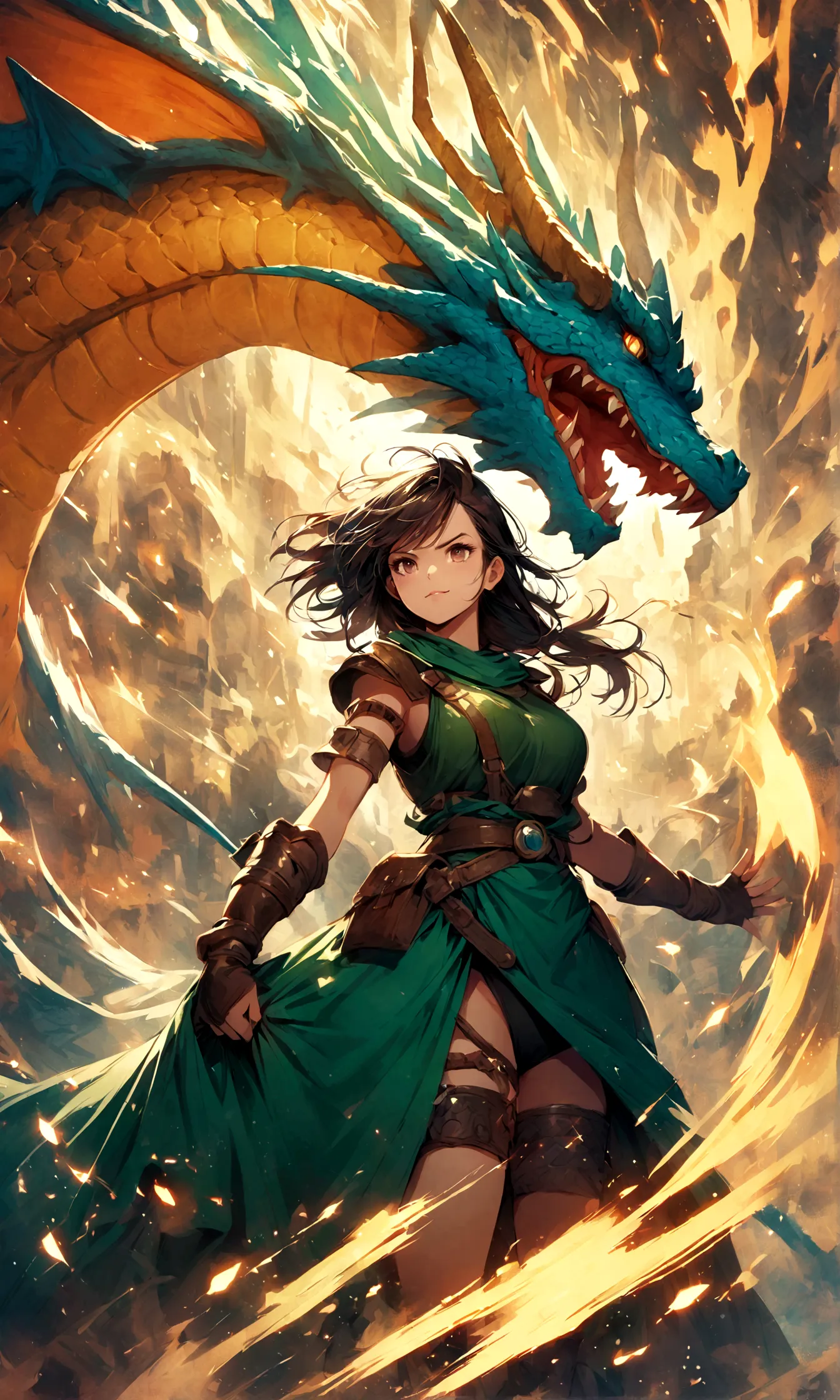 woman 1,woman warrior,dragon quest 3,pop illustration,background with dragon