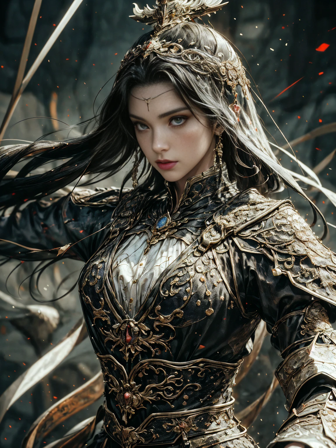 a majestic, imposing, magical female warrior, war pose, action, detailed face, beautiful eyes, intricate armor, glowing magical energy, cinematic lighting, dramatic colors, fantasy landscape, epic scale, (best quality, 8k, hyper-detailed, Photorealistic:1.4), masterpiece, by a concept artist perfecta, (Best Quality,4k,8k,high resolution,masterpiece:1.2),ultra detailed,(realist,photorealist,photo-realist:1.37),Very detailed face,extremely detailed facial features,textura de piel hiperrealist,extremely fine details,intricate details,detailed eyes,detailed nose,detailed lips,Detailed facial expressions,intricate facial anatomy,intense lighting,Dramatic lighting,lighting change,cinematic lighting,chiaroscuro lighting,dramatic shadows,Dramatic moments,vivid colors,intense colours,Deep contrast,cinematic depth of field,cinematographic composition,cinematic camera angle waiting to start