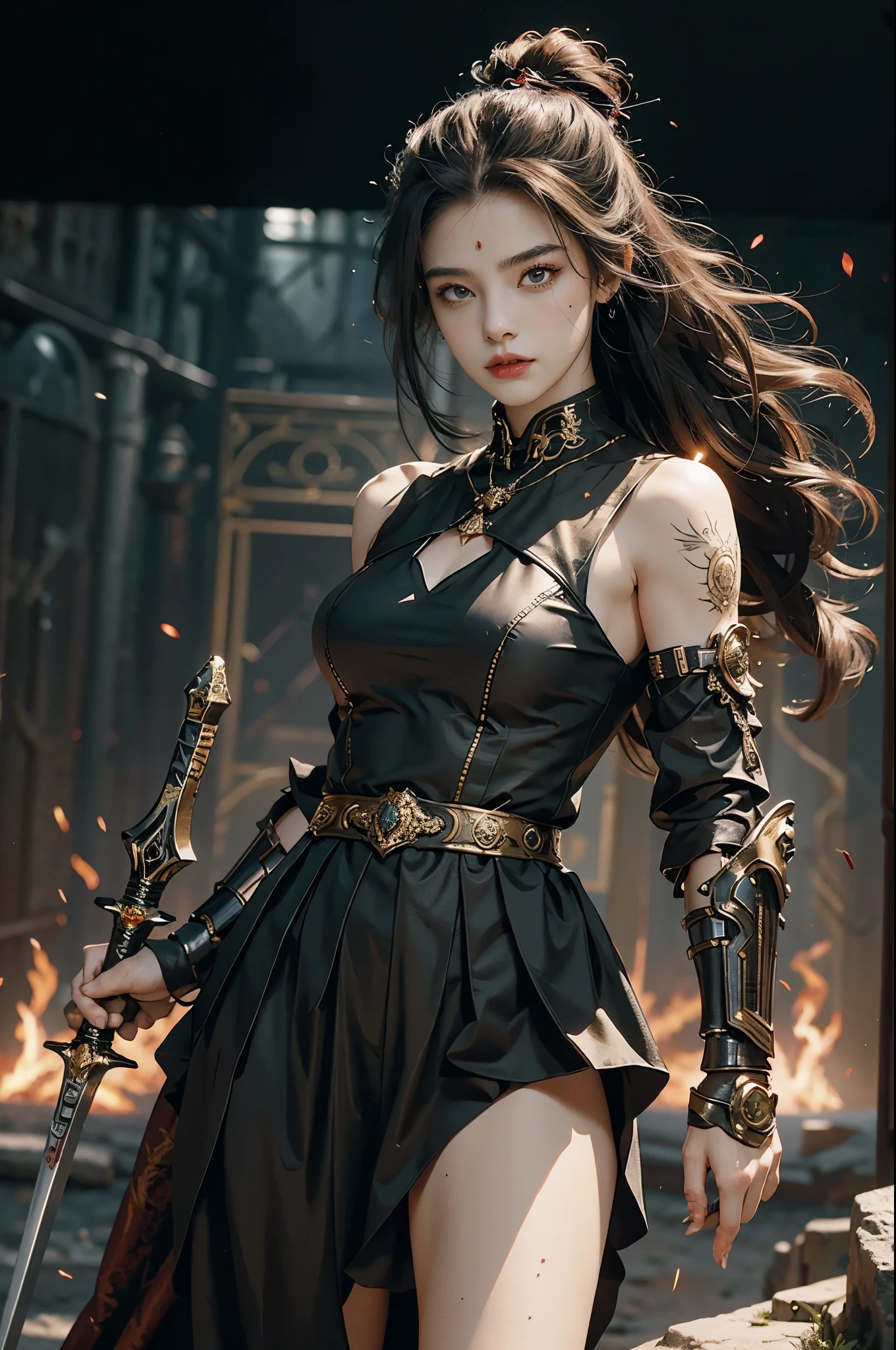 (ultra-realistic),dark fantasy and sci-fi, ultra-realistic photo, ancient girl,female warrior, 1, strong, beutyfull ancient goddess of war in futuristic world, glowin eyes, wearing transparent tunic and armor, treacherous smile, beautiful and long legs. Knee-high armored boots. visible thighs. magical tattoos. dark makeup. bloody and red and black and gold ornaments, sword, spears, powerfull, magical, stand in hero pose, little angry, imersive background with alien planet landscape, film grain, depth of field, HDR, RAW photo, best quality, masterpieces,