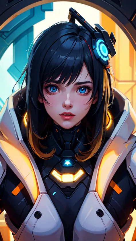 a woman in a futuristic outfit with a futuristic helmet and a futuristic sword, beautiful detailed eyes, beautiful detailed lips...