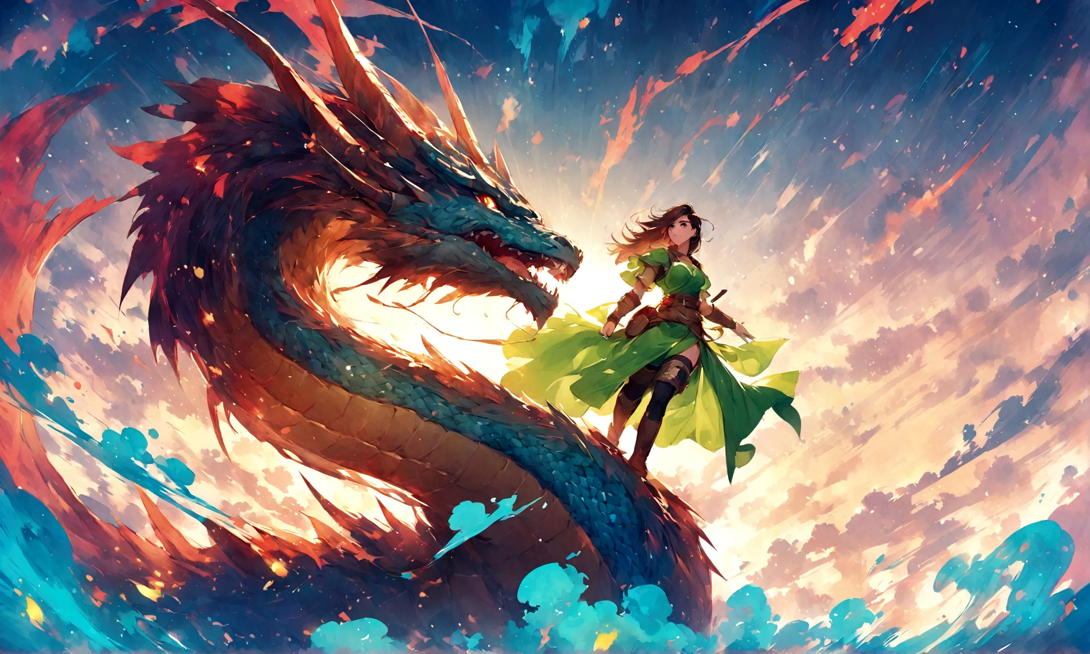 woman 1,woman warrior,dragon quest 3,pop illustration,background with dragon