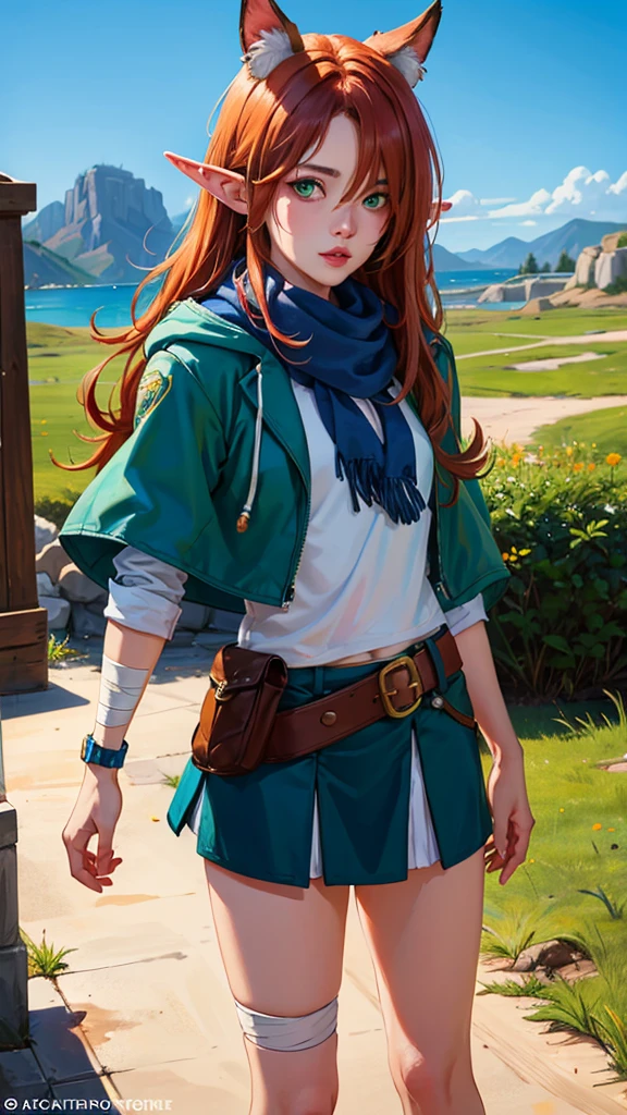 a girl with elf ears and animal features, wearing a hooded cape and green clothes, standing in a grassy field with a blue sky in the background, (best quality,4k,8k,highres,masterpiece:1.2),ultra-detailed,(realistic,photorealistic,photo-realistic:1.37),detailed eyes,detailed lips,extremely detailed eyes and face,longeyelashes,beautiful detailed eyes,beautiful detailed lips,illustration,digital painting,concept art,vibrant colors,dramatic lighting,cinematic,fantasy,league of legends, 1girl, elf, druid, animal ears, bandage legs, long legs, bandage, bandage, bird legs, bird skull, cape, shut up, ears by headdress, eyes visible through hair, face drawings, feathers, hood, hooded cape, long hair, brown green eyes, Ginger, red hair, colorite hair, armor, blue scarf, scarf, scarf, scarf long hair, hooded scarf, green clothes, green skirt, long skirt, leather armor, nose ring, nostrils, backpack