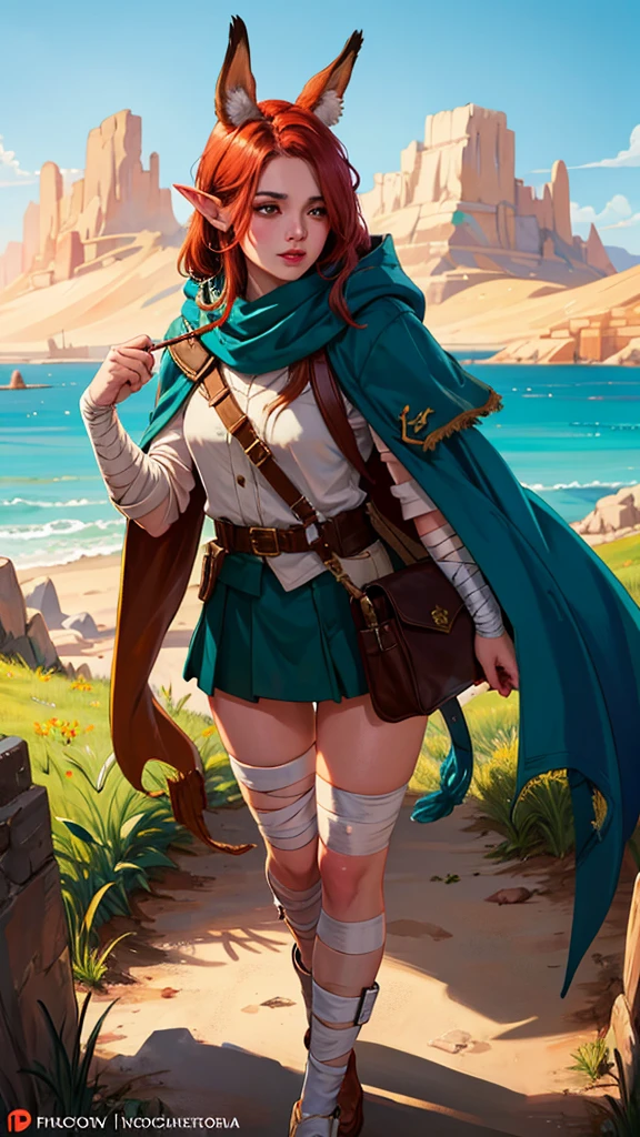 a girl with elf ears and animal features, wearing a hooded cape and green clothes, standing in a grassy field with a blue sky in the background, (best quality,4k,8k,highres,masterpiece:1.2),ultra-detailed,(realistic,photorealistic,photo-realistic:1.37),detailed eyes,detailed lips,extremely detailed eyes and face,longeyelashes,beautiful detailed eyes,beautiful detailed lips,illustration,digital painting,concept art,vibrant colors,dramatic lighting,cinematic,fantasy,league of legends, 1girl, elf, druid, animal ears, bandage legs, long legs, bandage, bandage, bird legs, bird skull, cape, shut up, ears by headdress, eyes visible through hair, face drawings, feathers, hood, hooded cape, long hair, brown green eyes, Ginger, red hair, colorite hair, armor, blue scarf, scarf, scarf, scarf long hair, hooded scarf, green clothes, green skirt, long skirt, leather armor, nose ring, nostrils, backpack