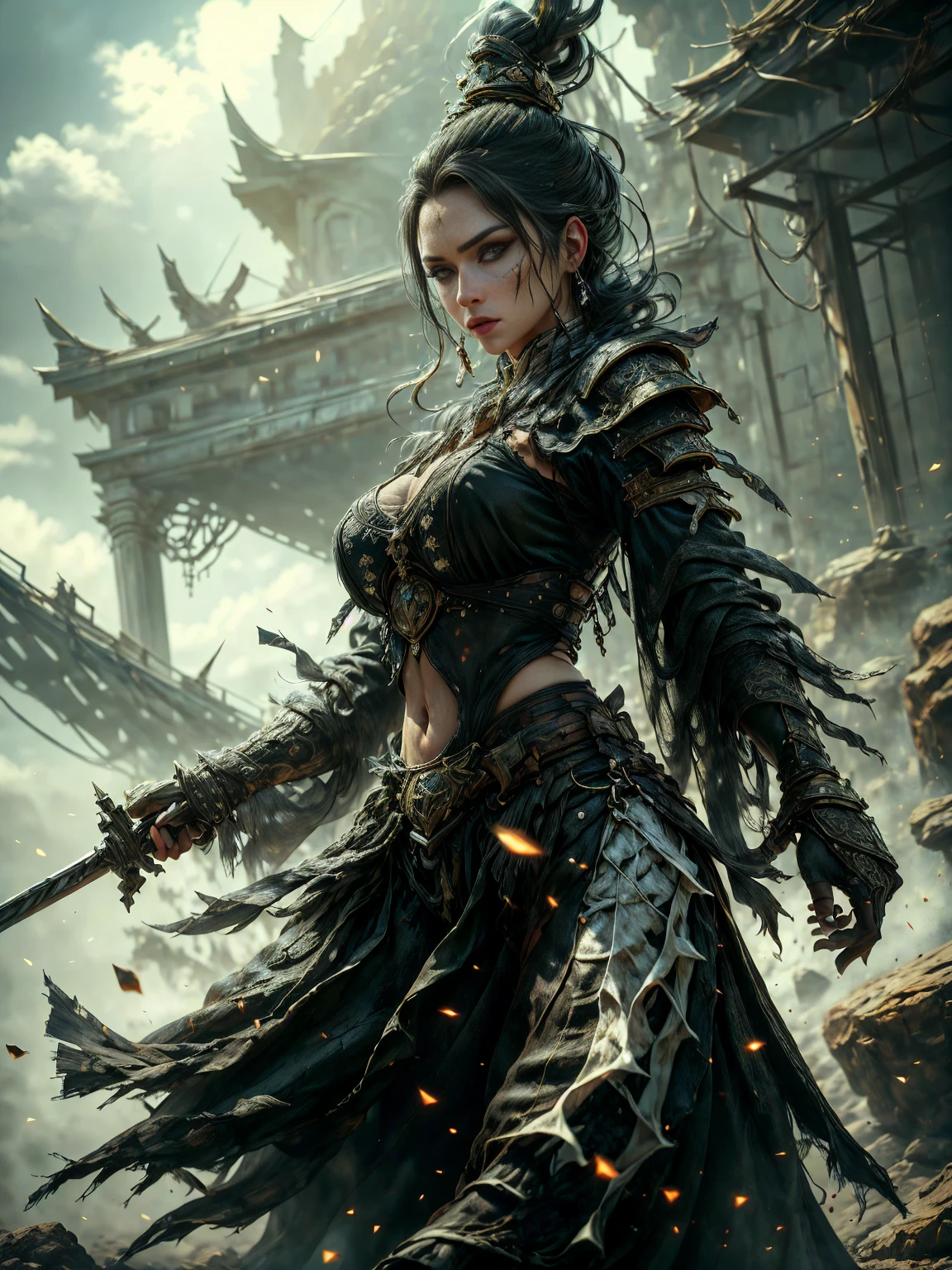 ((whole body, plano general:1.5)), a majestic, imposing, magical female warrior, war pose, action, detailed face, beautiful eyes, intricate armor, glowing magical energy, cinematic lighting, dramatic colors, fantasy landscape, epic scale, (best quality, 8k, hyper-detailed, Photorealistic:1.4), masterpiece, by a concept artist perfecta, (Best Quality,4k,8k,High resolution,Masterpiece:1.2),ultra detailed,(realist,photorealist,photo-realist:1.37),Very detailed face,extremely detailed facial features,textura de piel hiperrealist,extremely fine details,intricate details,detailed eyes,Detailed nose,detailed lips,detailed facial expressions,intricate facial anatomy,intense lighting,dramatic lighting,lighting change,cinematic lighting,chiaroscuro lighting,dramatic shadows,Dramatic moments,vivid colors,intense colours,Deep contrast,cinematic depth of field,cinematographic composition,cinematic camera angle waiting to start
