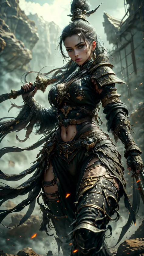 ((cuerpo completo, plano general:1.5)), a majestic, imposing, magical female warrior, war pose, action, detailed face, beautiful...