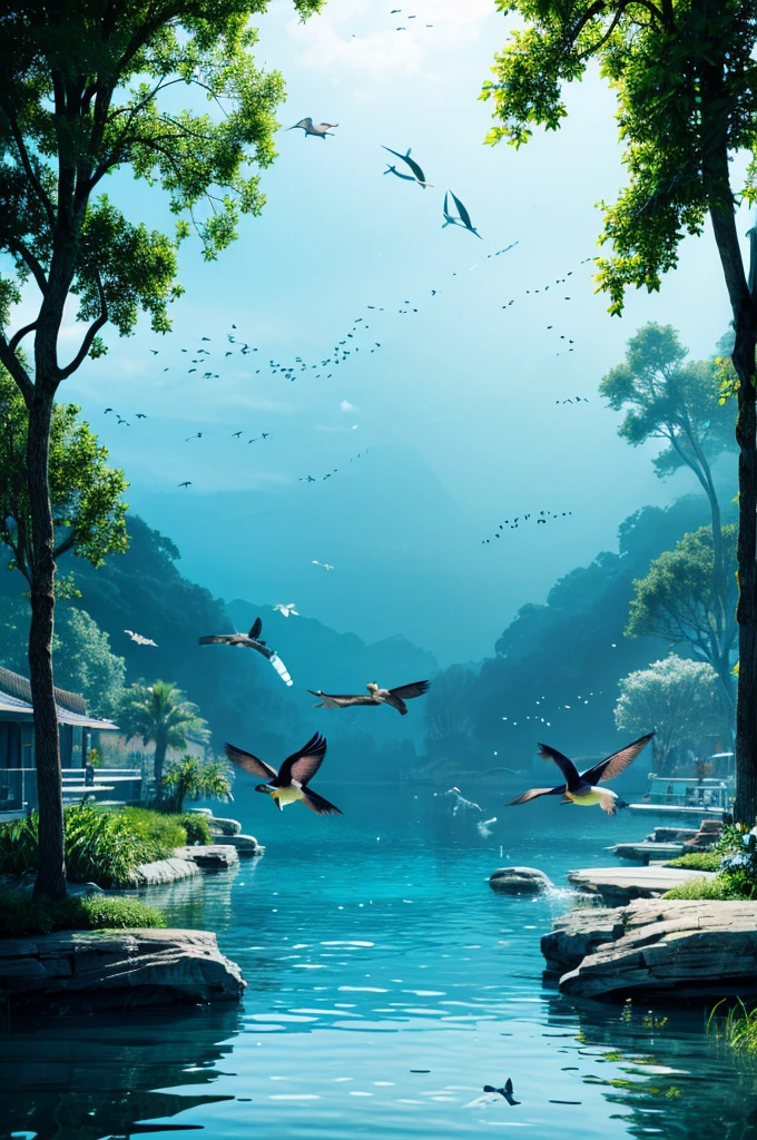 Two birds flying over the water, There are low-flying parrots by the river, Nature documentary stills, Underwater sparkling river, Fish swim, Green Water, Shallow waters, Shallow water, Sharks emerge from the lake, Bat ink painting, Sparkling in the flowing creek, Nature documentary stills, see Fish swim, In the pond