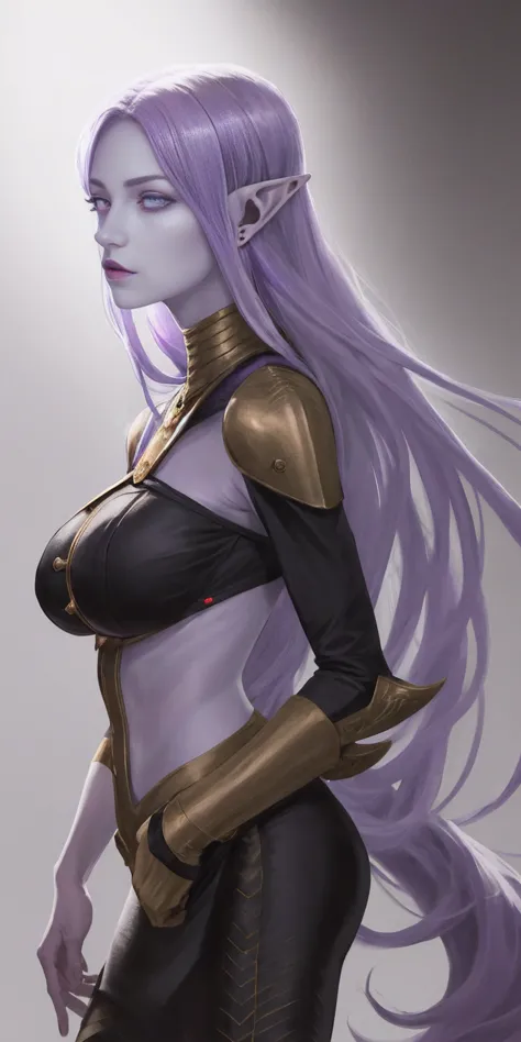 ((light purple skin)), girl elf, long ears, pointy ears, big breast, tall