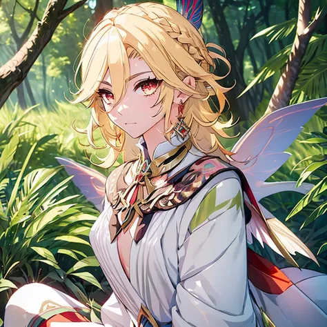 1boy, fairy, fairy wings, wings, big fairy wings, knee-length dress, short and open hair, blonde hair, bright hair, red eyes, ni...