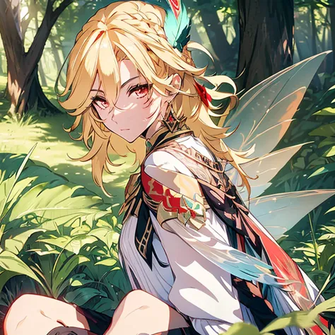 1boy, fairy, fairy wings, wings, big fairy wings, knee-length dress, short and open hair, blonde hair, bright hair, red eyes, ni...