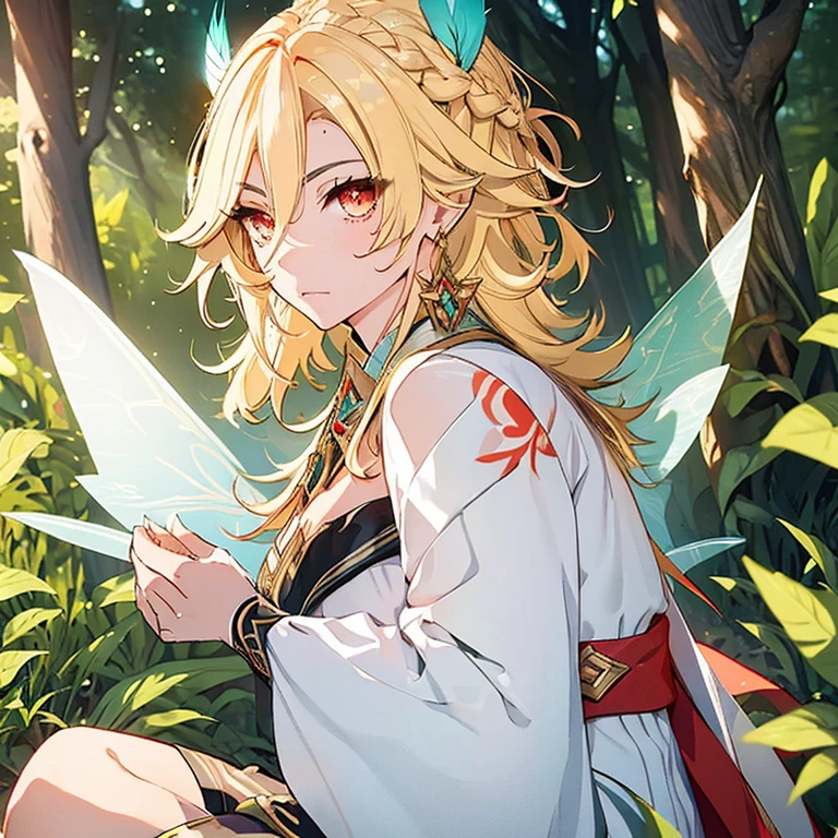 1boy, fairy, fairy wings, wings, big fairy wings, knee-length dress, short and open hair, blonde hair, bright hair, red eyes, night time, lush forest, glowing plants, sitting on grass, clearing barefoot, an image of an anime style character with blonde curls and a red headband, solo, jewelry, earrings, feather hair ornament, looking at viewer, male focus, red eyes, long hair, hair ornament, eyelashes, feathers, bangs, braid, hair between eyes, upper body, closed mouth, light particles, kaveh (genshin impact), teenage body, looking at the forest, transparent wings