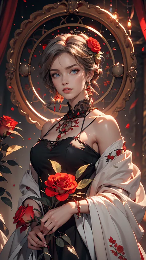 (highest quality, masterpiece), (One girl, alone, Black Dress, Are standing , View Viewer, Gray Hair, Red eyes, Holding roses, M...