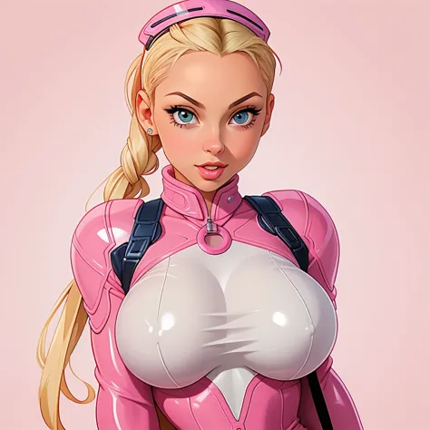 1girl official art ((cammy white)) blonde (curvy-atlhetic) in a pink latex outfit posing for a picture, busty, intricate wet, pi...