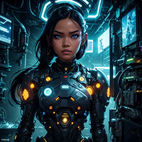 cyberpunk indonesian girl, cyborg, intricate machinery, advanced technology, detailed facial features, beautiful eyes, full lips...