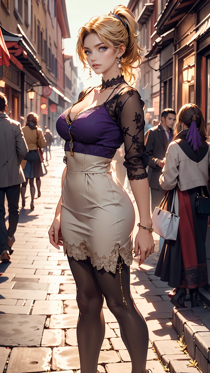 Very beautiful 22 year old Caucasian woman、Supermodel proportions、Hair Color: Blonde、Blue Idium Hair、Straight hair、Purple inner color((Inner hair color))、Split Ponytail((Split Ponytail))、Wear a high-necked zippered dress、Large Breasts、Tight waist、Wear leggings、Wearing high heels、In the cobblestone streets of the old town