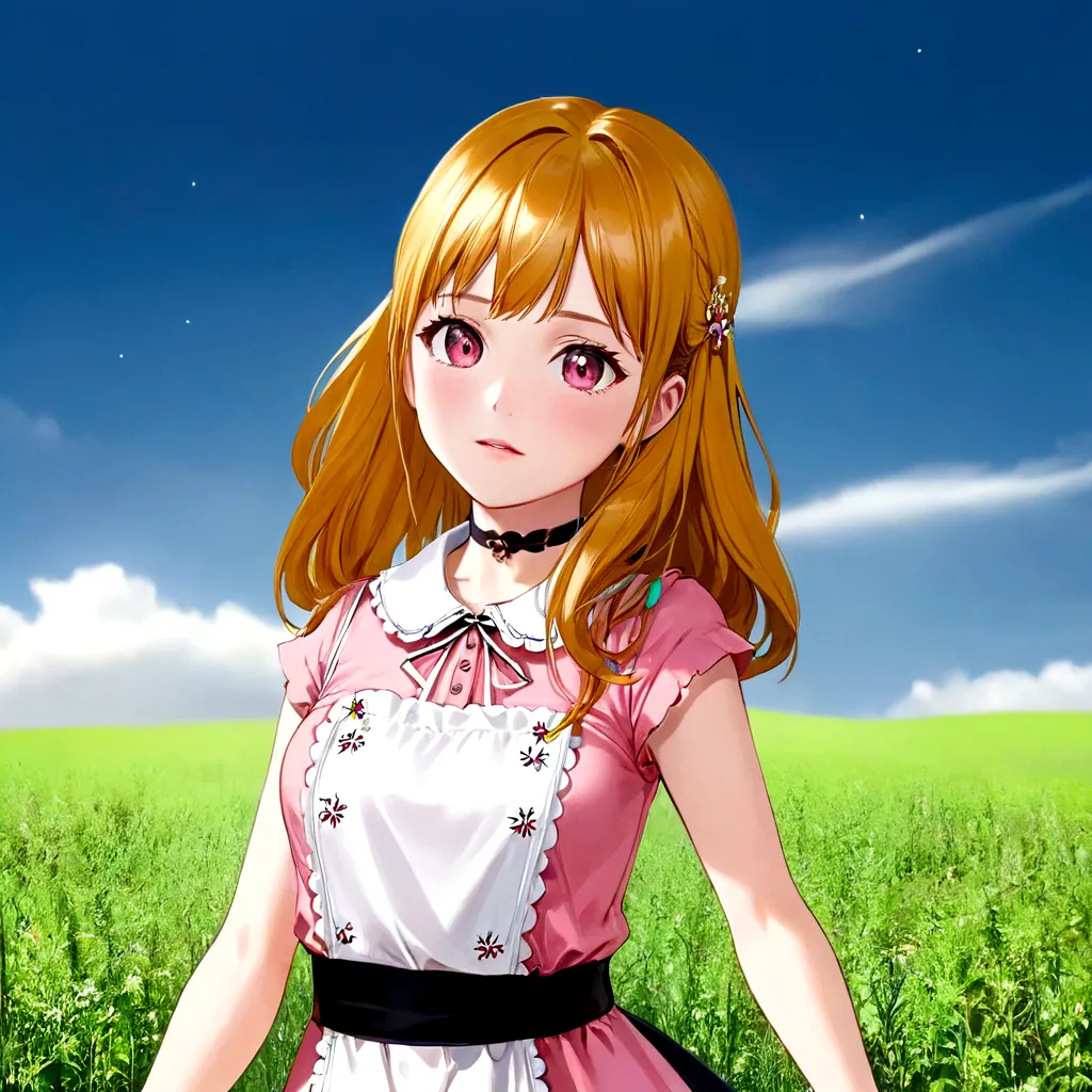 Golden Hair、Golden Eyes、Anime girl in a pink and white dress standing in a field, My Dress Up Darling Anime, realistic Young Ani...