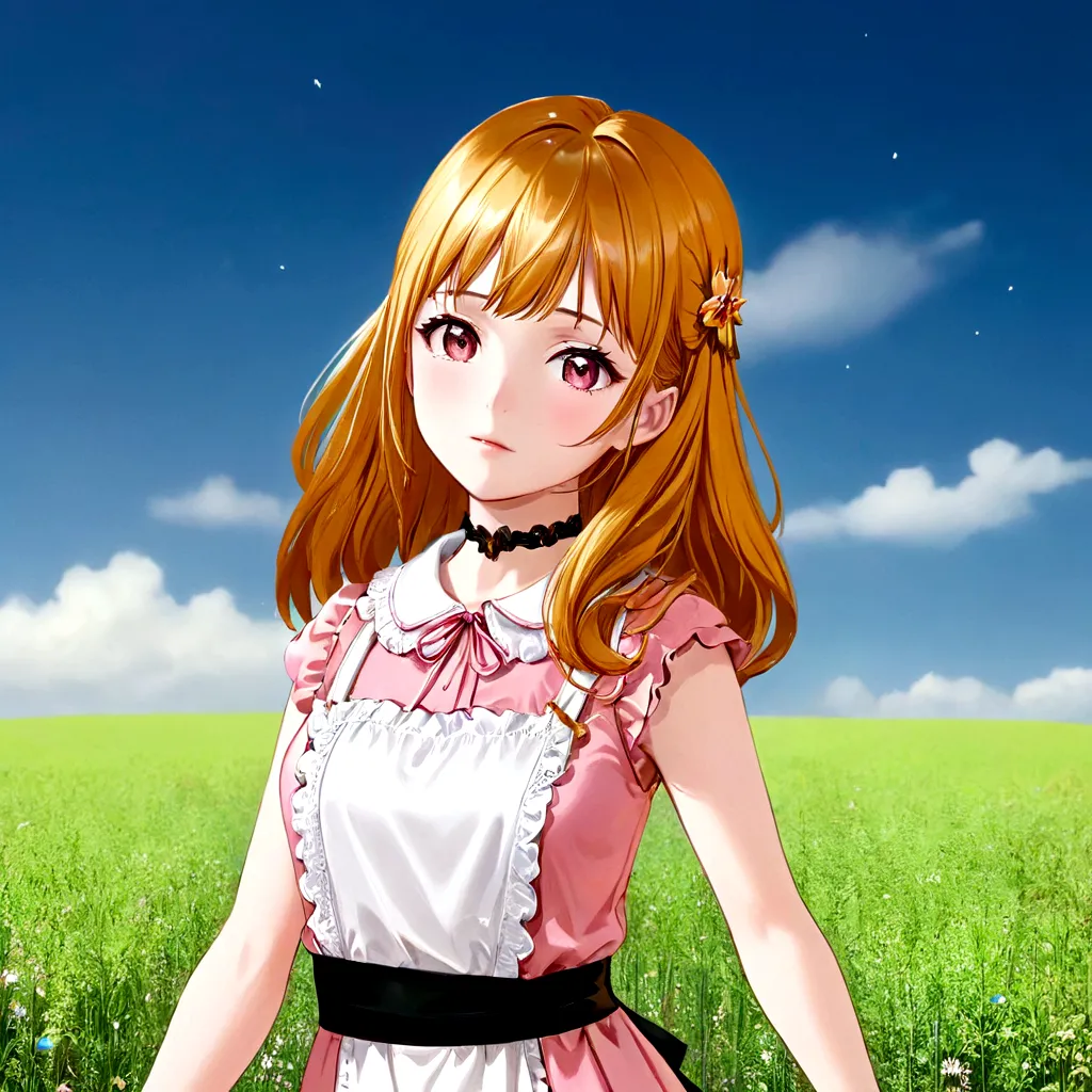 Golden Hair、Golden Eyes、Anime girl in a pink and white dress standing in a field, My Dress Up Darling Anime, realistic Young Ani...