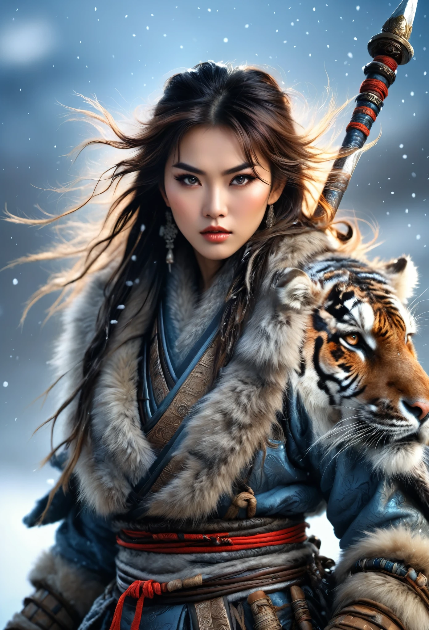 (best quality,4K,8k,High resolution,masterpiece:1.2),Extremely detailed,(Practical,photoPractical,photo-Practical:1.37),Thick fur winter coat,Creative fusion of traditional Chinese design patterns and contemporary elements, Messy hair, Intense expression, Energetic, Sharp eyes, 1 Samurai, Handsome face, Tiger beast, Epic Fantasy Character Art, wearing intricate fur armor, Luis Royo (Luis Royo) style, Northern female warrior holding a spear, HDR, ultra HD, Studio Lighting, Super fine, Clear focus, Physically Based Rendering, Description of Extremely detailed, professional, Bright colors, bokeh, portrait, landscape