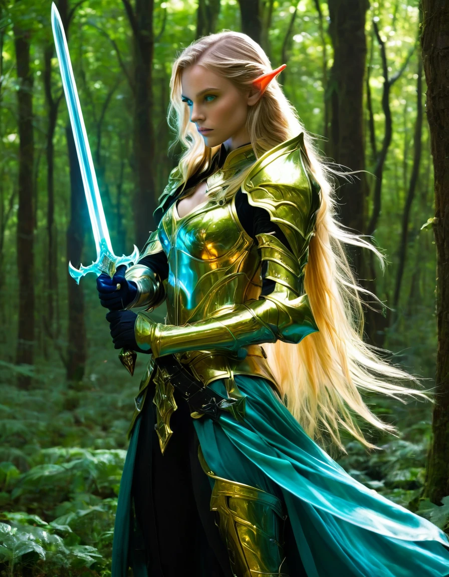 1beautiful girl,  solo，female swordmatomically correct，Blonde hair and blue eyes，Long hair，Elf ears，jade/gold Armor，Transparent armor，side view，Hold the hilt of a sword in your hand，The blade glows，(body formed by galactic liquid mauevine and black metallic paint twisting into a beautiful interpretation of the female ), front view, fullbody， ((Best quality)), ((Masterpiece)), ((Realistic))，UHD，evil forest background,ezh，Tyndall effect