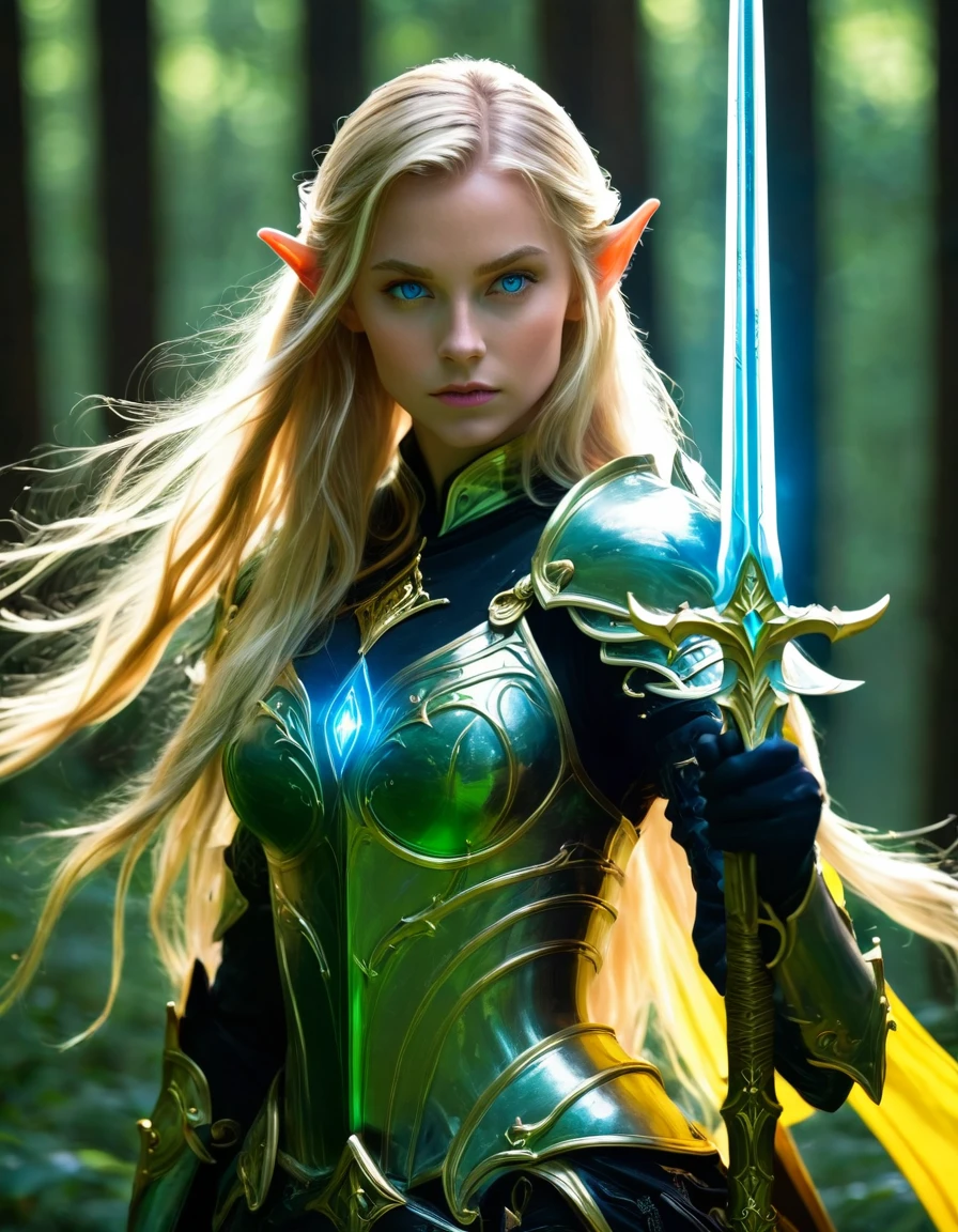 1beautiful girl,  solo，female swordmatomically correct，Blonde hair and blue eyes，Long hair，Elf ears，jade/gold Armor，Transparent armor，side view，Hold the hilt of a sword in your hand，The blade glows，(body formed by galactic liquid mauevine and black metallic paint twisting into a beautiful interpretation of the female ), front view, fullbody， ((Best quality)), ((Masterpiece)), ((Realistic))，UHD，evil forest background,ezh，Tyndall effect