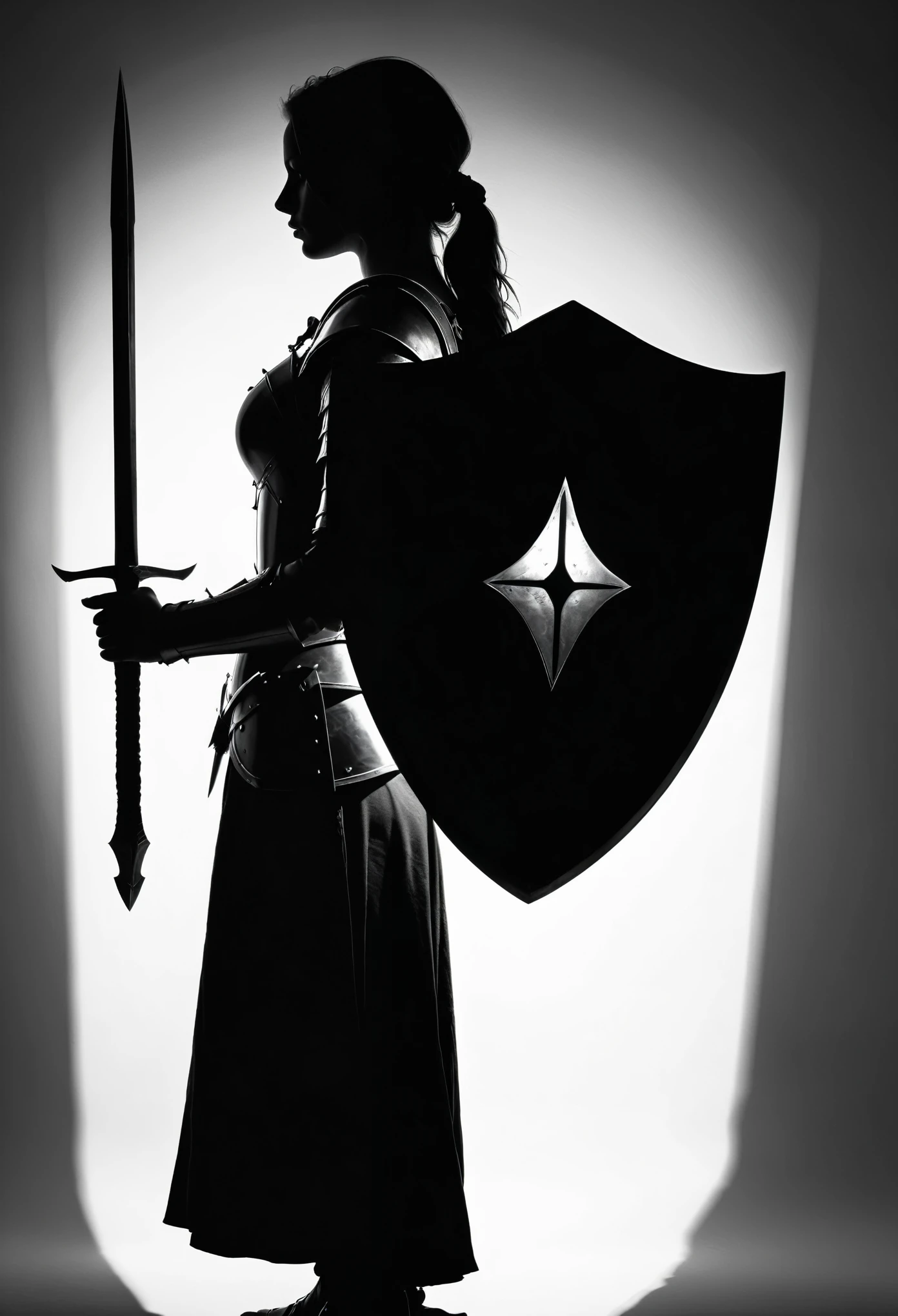 Female Warrior，Silhouette，Medieval style，Holding a shield in one hand，One armed with a spear，Minimalism，Side view，Black and White，monochrome，Grayscale，Chiaroscuro，shadow