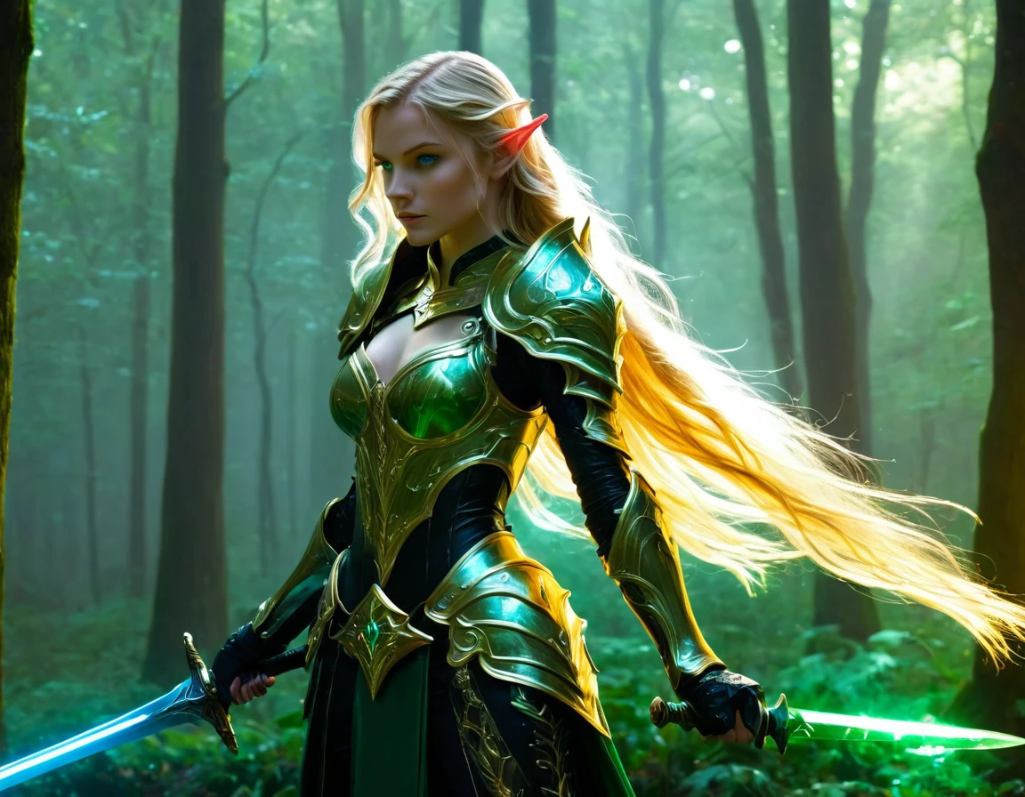 1beautiful girl,  solo，female swordmatomically correct，Blonde hair and blue eyes，Long hair，Elf ears，jade/gold Armor，Transparent armor，side view，Hold the hilt of a sword in your hand，The blade glows，(body formed by galactic liquid mauevine and black metallic paint twisting into a beautiful interpretation of the female ), front view, fullbody， ((Best quality)), ((Masterpiece)), ((Realistic))，UHD，evil forest background,ezh，Tyndall effect