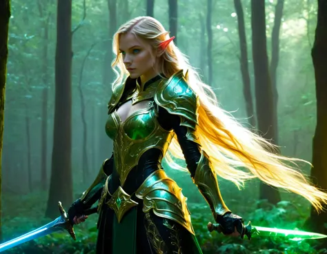 1beautiful girl,  solo，female swordmatomically correct，blonde hair and blue eyes，long hair，elf ears，jade/gold armor，transparent ...