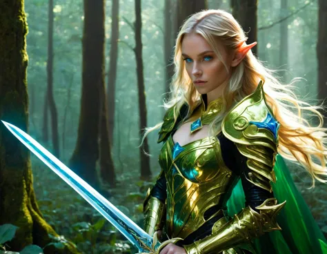 1beautiful girl,  solo，female swordmatomically correct，blonde hair and blue eyes，long hair，elf ears，jade/gold armor，transparent ...