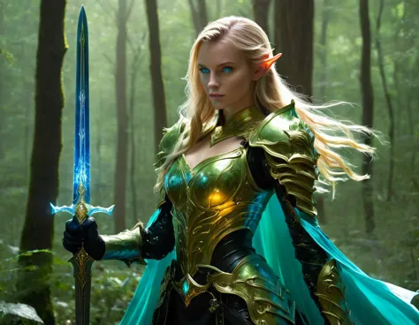 1beautiful girl,  solo，female swordmatomically correct，blonde hair and blue eyes，long hair，elf ears，jade/gold armor，transparent ...