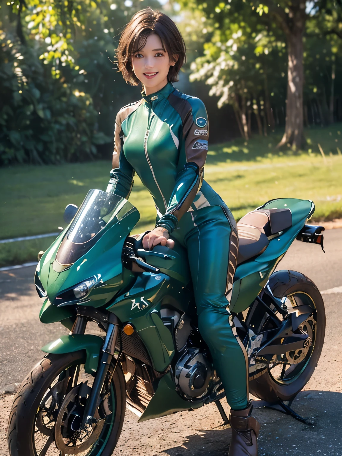 (masterpiece:1.3), (8k, Realistic, RAW Photos, highest quality:1.4), (Realistic face), ((Brown Hair, Very short hair:1.3)), Beautiful Hairstyles, Realistic eyes, Beautiful little blue eyes, (Realistic skin), (Beautiful Skin), ((((Green racing suit)))), charm, Ultra-high resolution, Golden Ratio, Long limbs、((smile)), ((Full Body Shot))、(((Riding a motorcycle outdoors)))