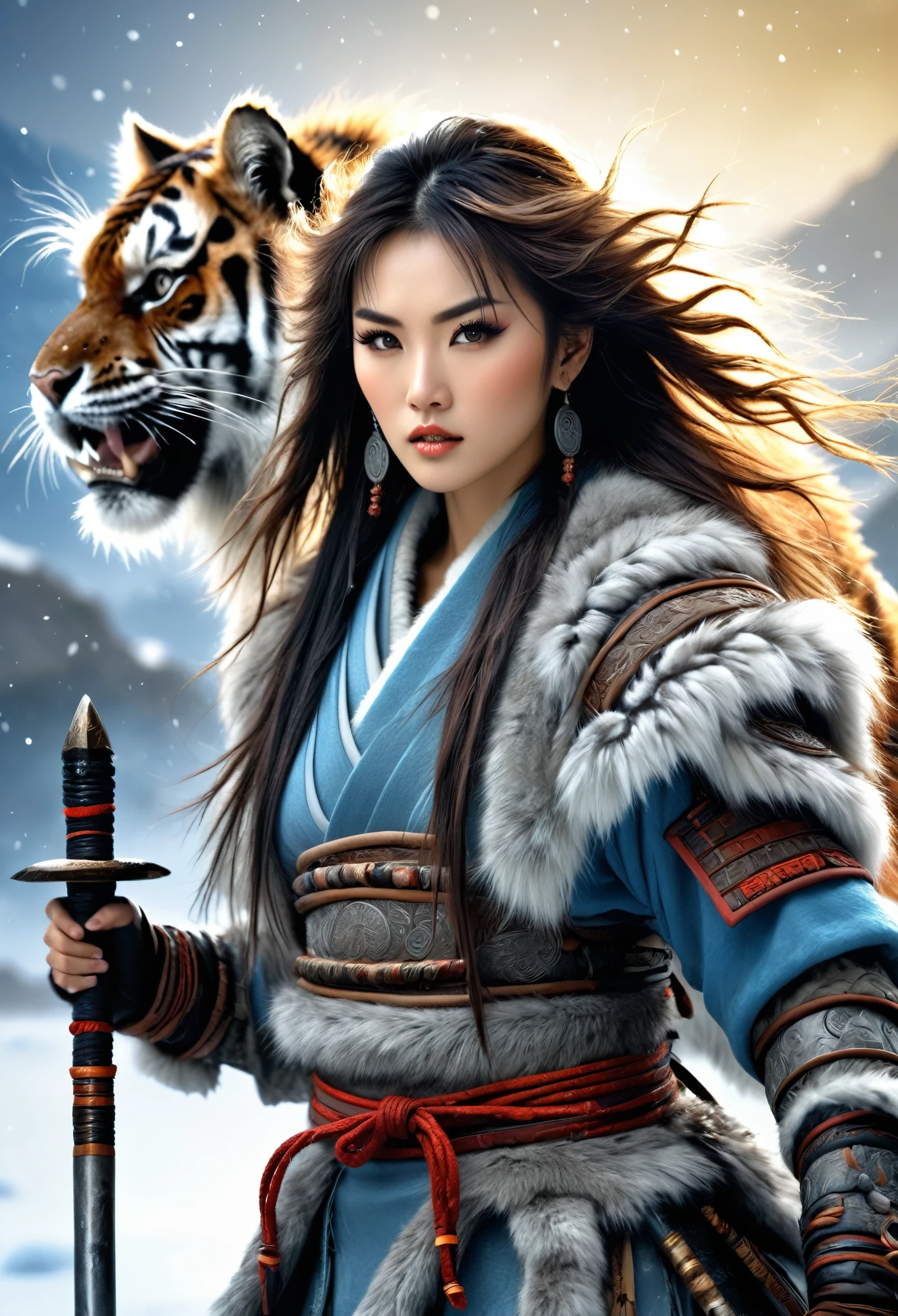 (best quality,4k,8K,High resolution,masterpiece:1.2),Extremely detailed,(Practical,photoPractical,photo-Practical:1.37),Thick fur winter coat,Creative fusion of traditional Chinese design patterns and contemporary elements, Messy hair, Intense expression, Energetic, Sharp eyes, 1 Samurai, Handsome face, Tiger beast, Epic Fantasy Character Art, wearing intricate fur armor, Luis Royo (Luis Royo) style, Northern female warrior holding a spear, HDR, Ultra HD, Studio Lighting, Super Fine, Clear focus, Physically Based Rendering, Extremely detailed的描述, professional, Bright colors, Bokeh, portrait, landscape