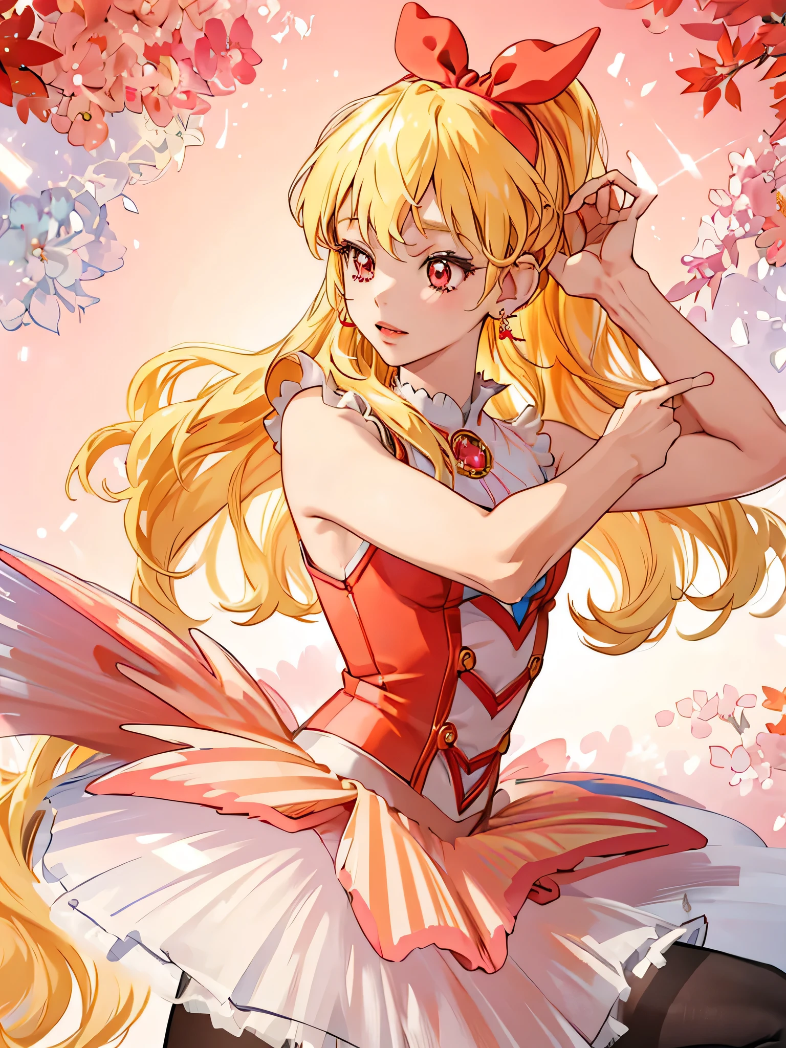 Meisterwerk, beste Qualität, highres, Ichigo Hosimiya, 1 Mädchen, Blondes Haar, lange Haare, gefegter Pony, Farbverlauf-Haar, rote Augen, Schmuck, Ohrringe, Piercing, schimmernde Lippen, ballerina, ärmelloser Turnanzug, kalt, Strumpfhose, 