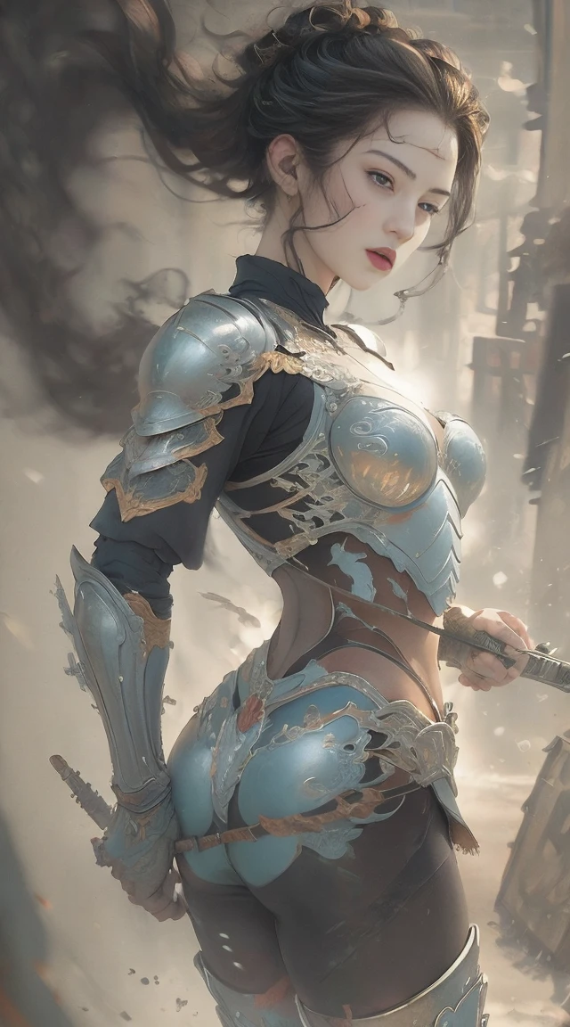 ((a women's war with armor, action pose: 1.5)), war grit, color, (best quality, 4k, 8k, high resolution, high resolution: 1.2), ultra detailed, (realista, photorealista, photorealista: 1.37), intricate details, hypercalidad, high detail, digital painting, dramatic cinematic illumination, epic fantasy style, dynamic composition, powerful expression, physical muscle, fluid capa, brilliant metal armor, perforated gas, postura lista para la batalla
