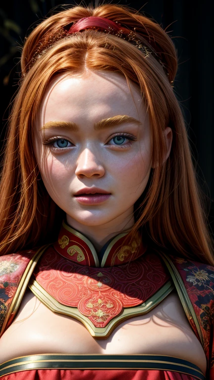 a professional studio photo of a sexy Sadie Sink posing at (international motor show), wearing intricate latex (ancient hanfu dress:1.2),  large breasts, huge cleavage, red hair, warm smile:1.1, moody portrait, striking features, beauty, intricate details, dynamic pose, perfect eyes, dramatic composition, tension, wispy hair, contrast, sweaty shiny skin, texture, realism, high-quality rendering, stunning art, high quality, film grain, Fujifilm XT3, detailed skin, volumetric fog