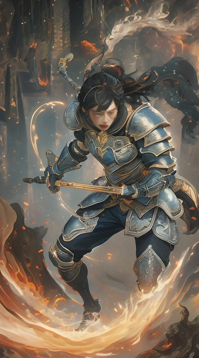 ((a women's war with armor, action pose: 1.5)), war grit, color, (best quality, 4k, 8k, high resolution, high resolution: 1.2), ultra detailed, (realista, photorealista, photorealista: 1.37), intricate details, hypercalidad, high detail, digital painting, dramatic cinematic illumination, epic fantasy style, dynamic composition, powerful expression, physical muscle, fluid capa, brilliant metal armor, perforated gas, postura lista para la batalla