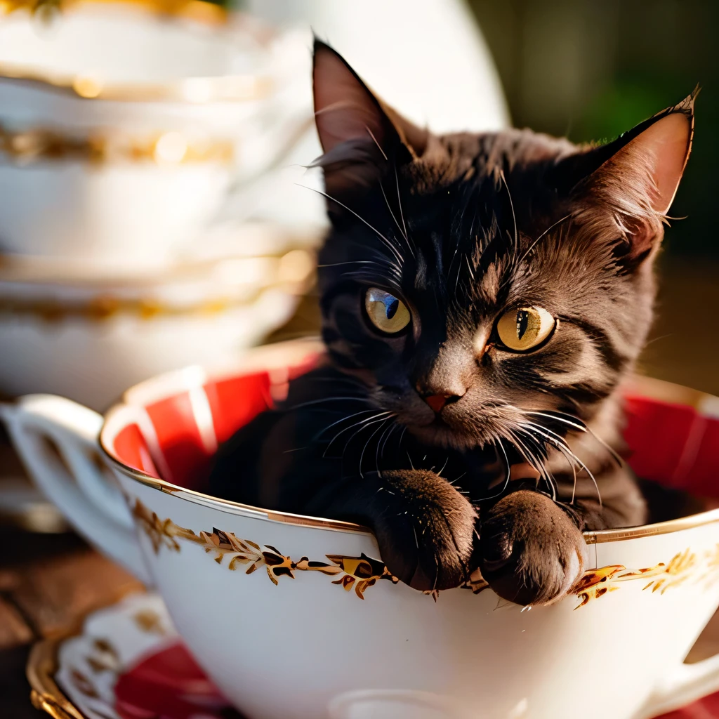raw photo , 8K, ultra detailed, close up, (cat in wash teacup:1.3)