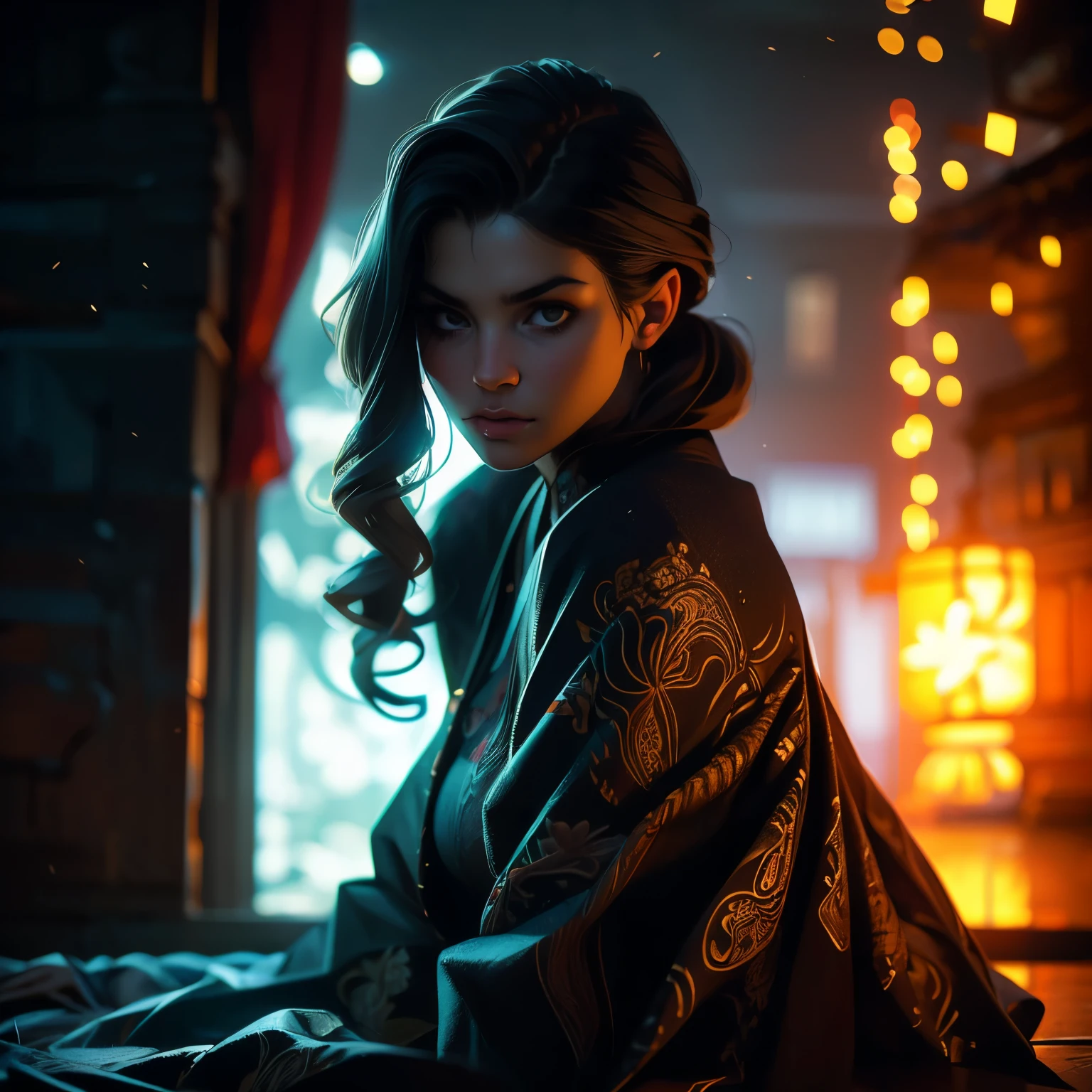 Maid、Female Warrior、Shooting Maid、Beautiful and delicate maid wearing traditional Japanese kimono、(Maid&#39;s movements are expressed with a motion blur effect:1.5)、Dark and gloomy temple background at night、(highest quality、4K、8K、High resolution、masterpiece:1.2)、Super detailed、(Real、Photorealistic、Photorealistic:1.37)、Detailed Maid、Dark and moody lighting、Cinematic composition、Highly detailed intricate patterns on kimono、Flowing fabric movement、Dramatic shadows and highlights、A calming color palette、Samurai girl