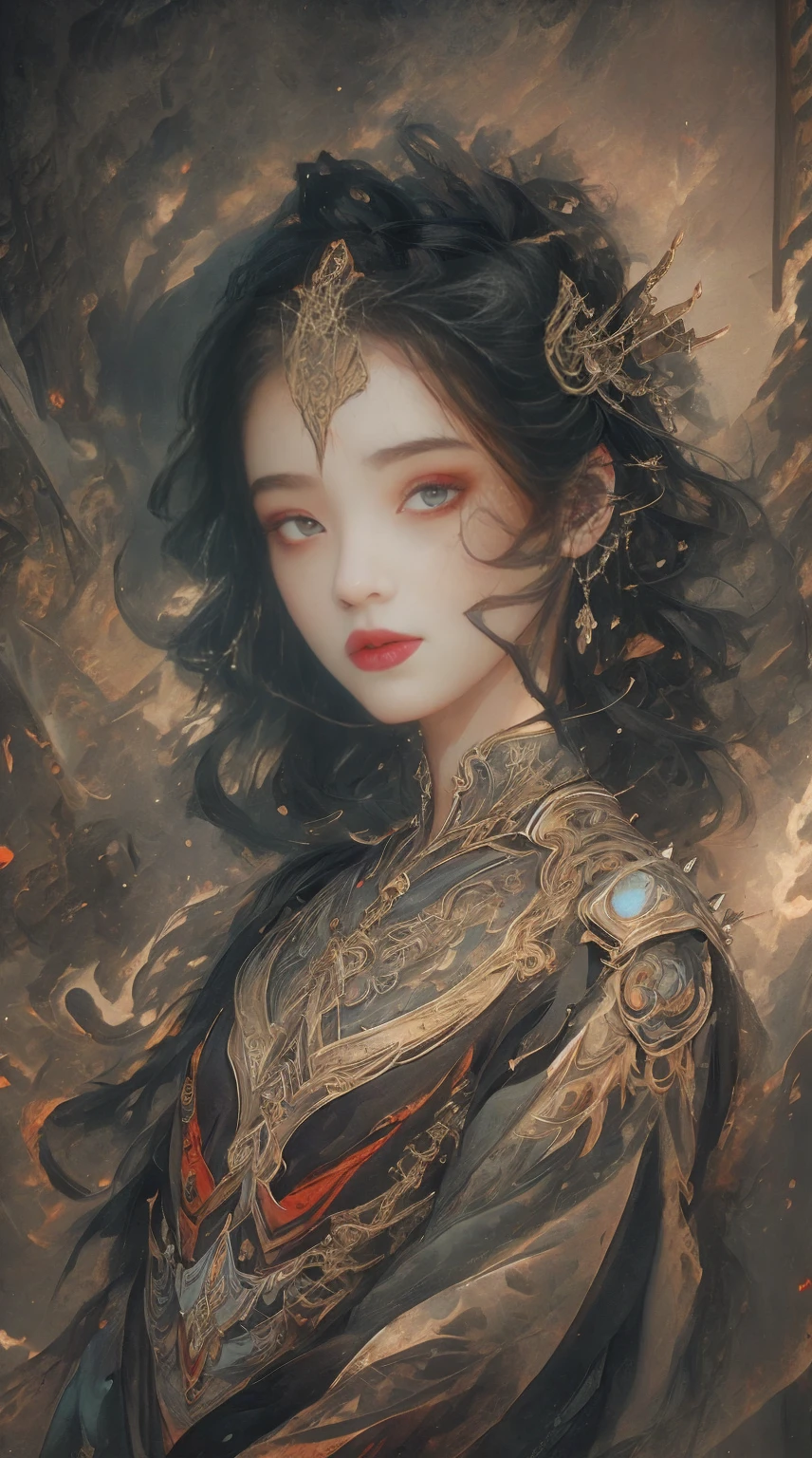 a beautiful female warrior, detailed face, piercing eyes, full lips, long eyelashes, tight-fitting outfit without neckline, metal shoulder pads with spikes, intricate armor, dramatic lighting, realistic, cinematic, dark fantasy, high detail, 8k, hyper detailed, masterpiece