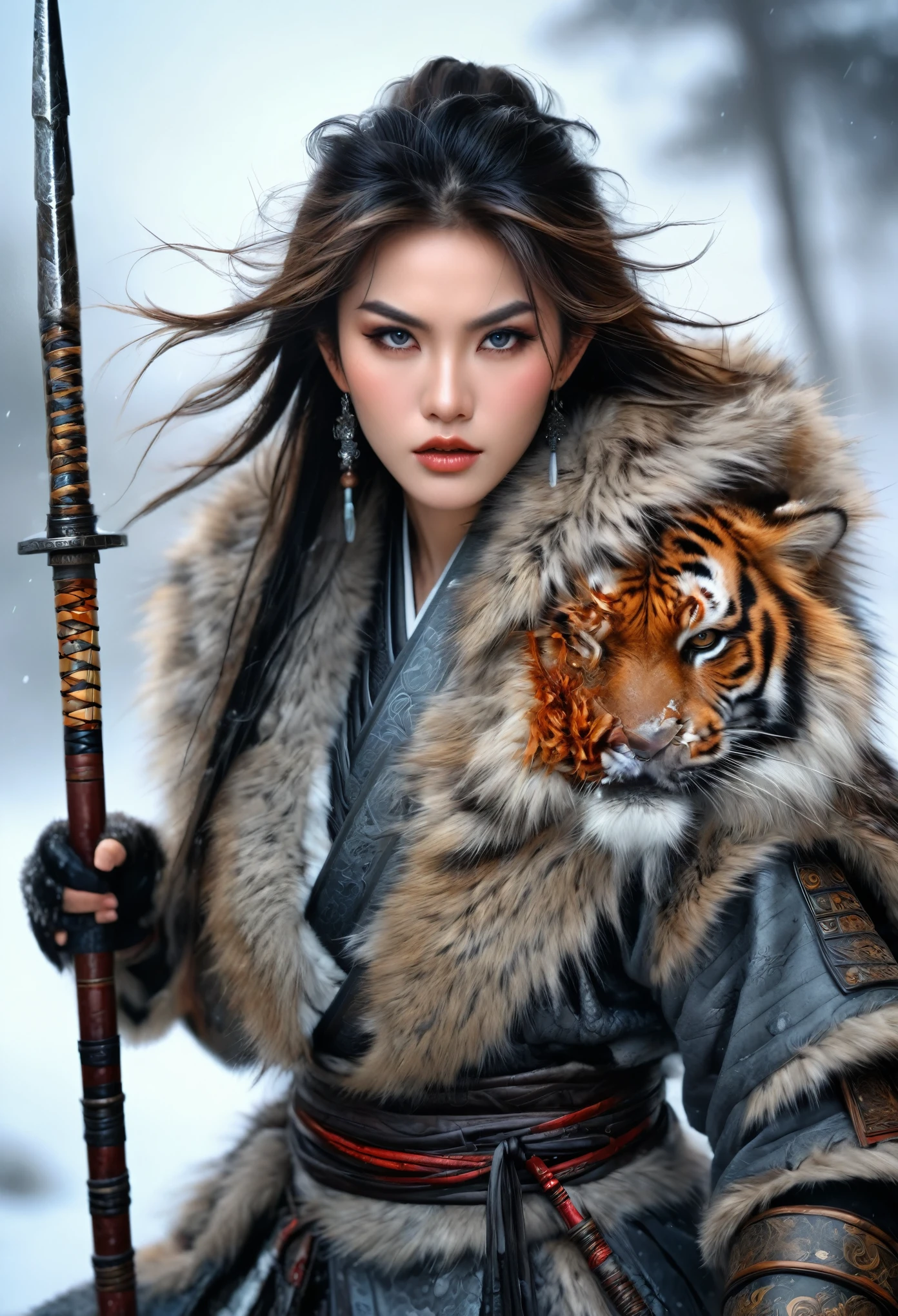 (best quality,4K,8k,High resolution,masterpiece:1.2),Extremely detailed,(Practical,photoPractical,photo-Practical:1.37),Thick fur winter coat,Creative fusion of traditional Chinese design patterns and contemporary elements, Messy hair, Intense expression, Energetic, Sharp eyes, 1 Samurai, Handsome face, Tiger beast, Epic Fantasy Character Art, wearing intricate fur armor, Luis Royo (Luis Royo) style, Northern female warrior holding a spear, HDR, ultra HD, Studio Lighting, Super fine, Clear focus, Physically Based Rendering, Description of Extremely detailed, professional, Bright colors, bokeh, portrait, landscape