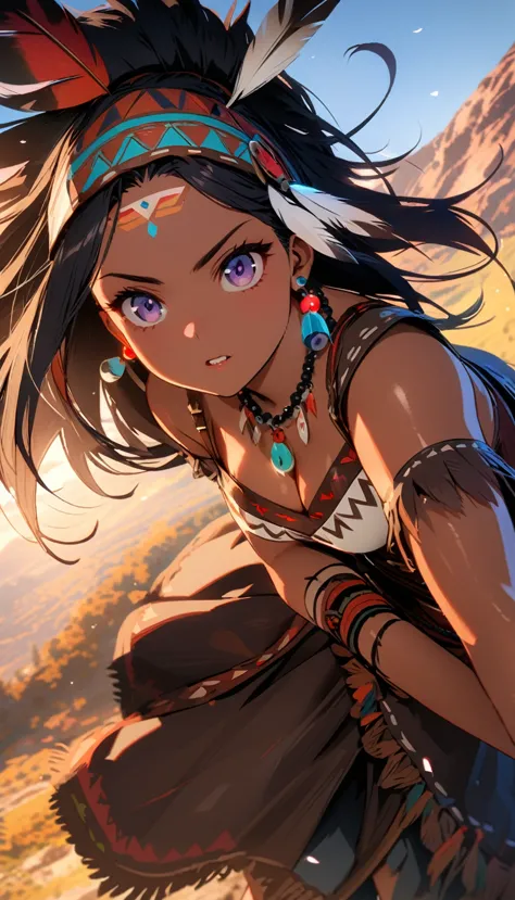 Native American female warrior\(cute,beautiful,age of 18,muscular,holding heavy 1tomahawk,dark skin,dark floating hair,dark shin...
