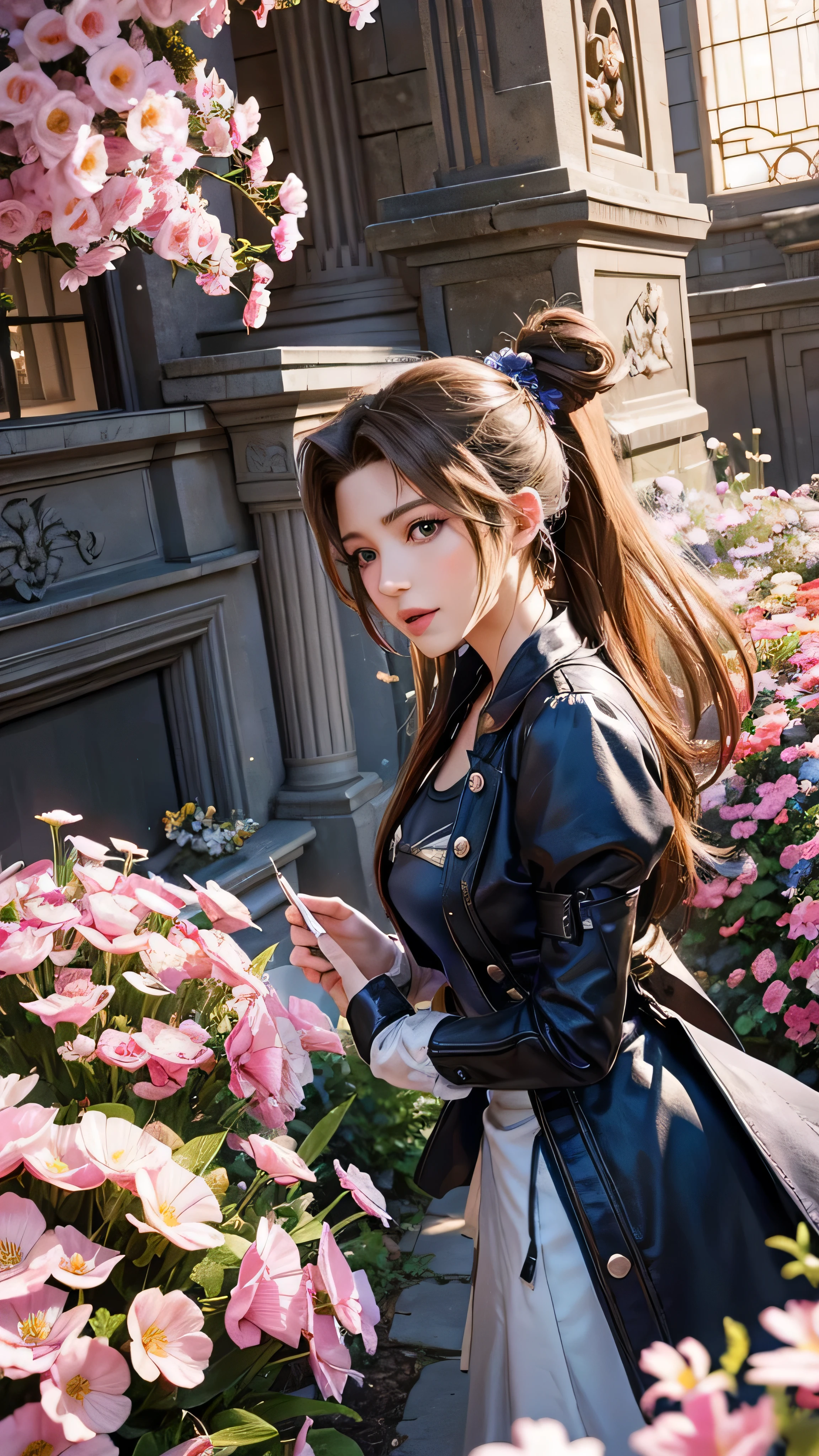 Popular Games「Final Fantasy VII」Characters、The beautiful leading lady Aerith Gainsborough is particularly graceful in some breathtaking scenes.。Illustration quality 1.This masterpiece, Teeth, is number one、Colorful flower fields in the background。Panorama Shot(1.4)teeth、CG Unity 8K wallpapers(1.1)With impressive details comparable to、Introducing Aerith&#39;s solo figure。Intricate ink splatters and splashes of color reminiscent of watercolors fill the scene.、Adds depth and movement。