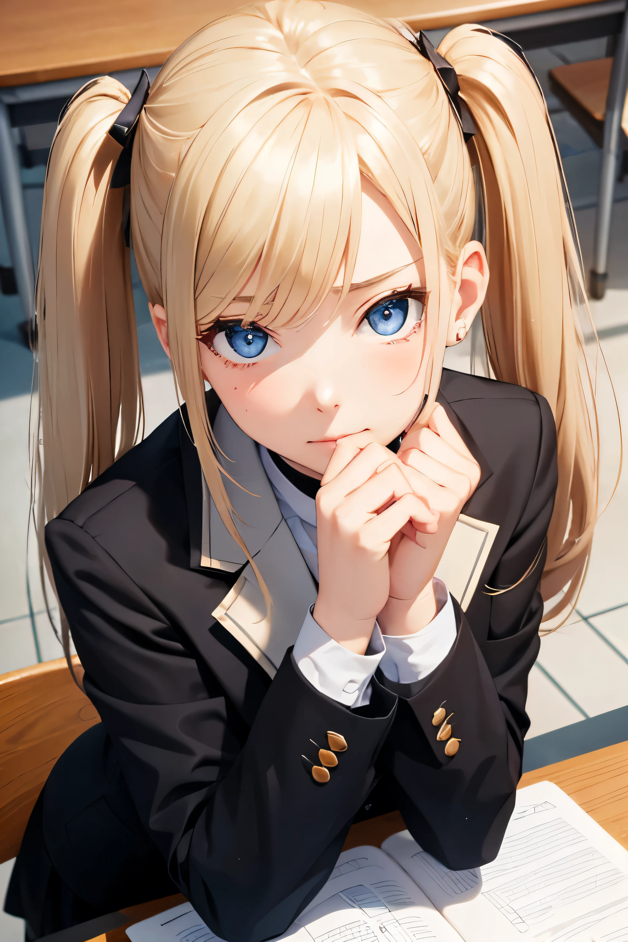 Positive Prompt:

An overhead view of a  high school girl with blonde twin tails and blue eyes sitting at a desk in a classroom. She is resting her chin on her hand, looking up with an upward gaze. She has fair skin and is of mixed Japanese and American heritage. Her expression is sullen, and she has sharp, slightly upturned eyes. She is wearing a  with a blazer.

Negative Prompt:

Low quality, worst quality, strange body structure, weird body, terrible, ugly, sexual depiction, erotic expression, missing hands or feet, strange hands or fingers, weird hands or fingers, missing fingers.