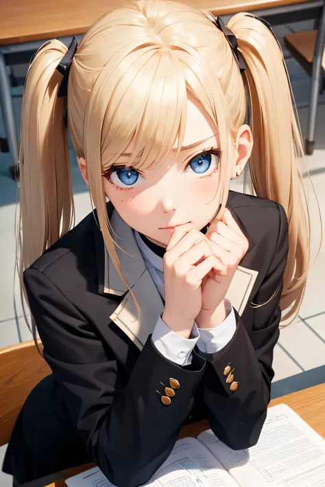 Positive Prompt:

An overhead view of a  high school girl with blonde twin tails and blue eyes sitting at a desk in a classroom....