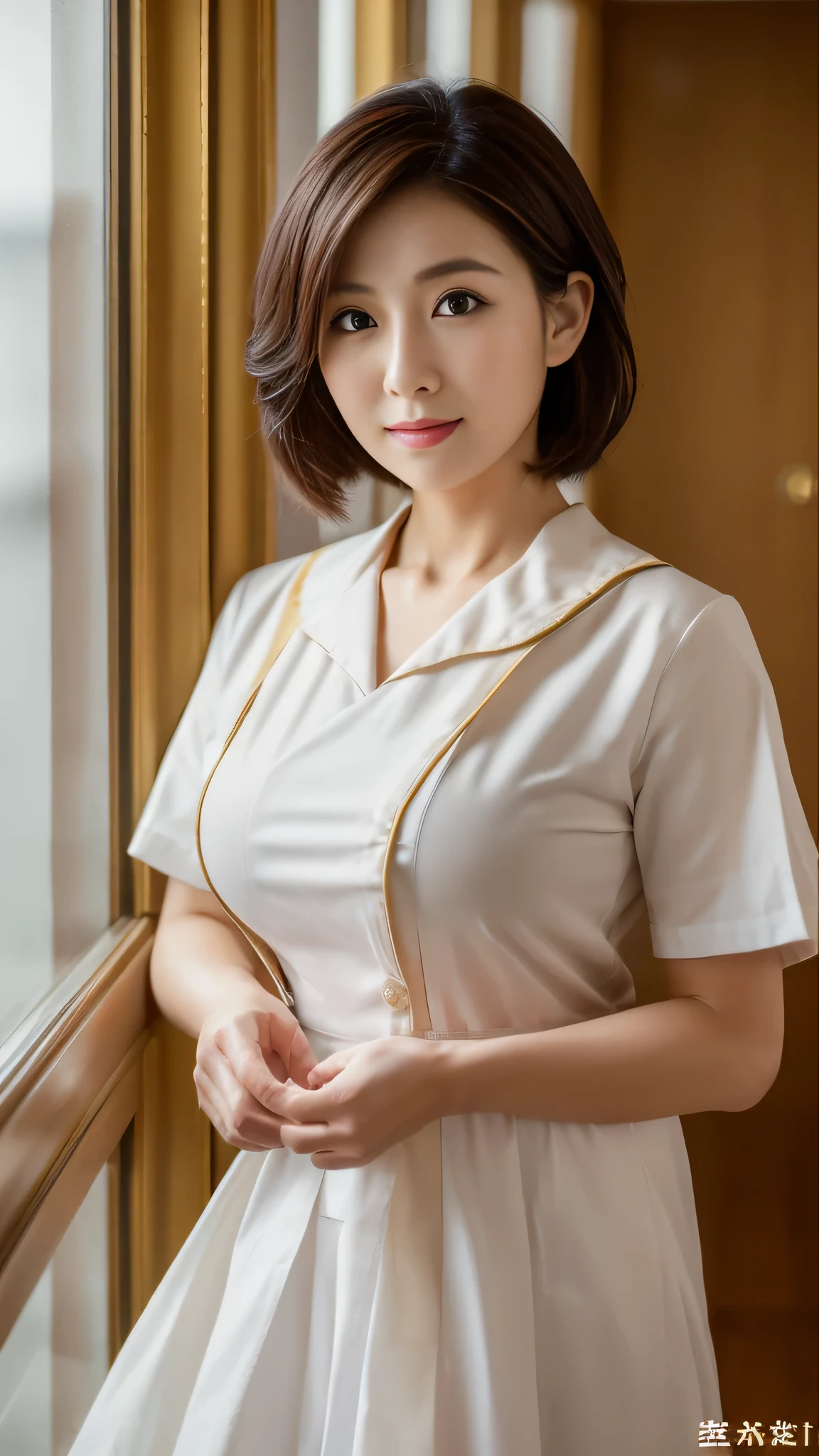 (8k, best quality, masterpiece, golden ratio composition,:1.3), (beautiful Japanese mature woman in her 30s), (wearing white Nurse's uniform:1.2), (huge breasts), short cut hair