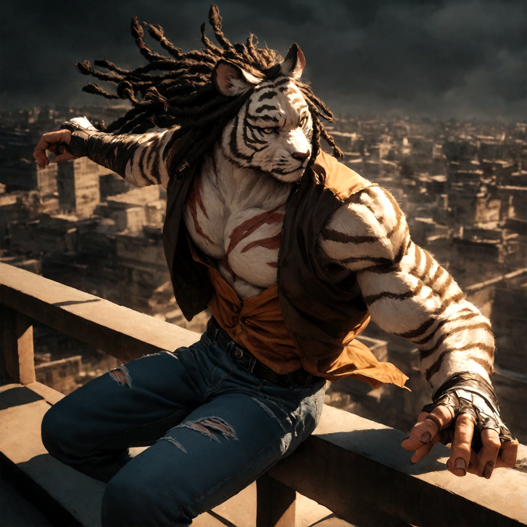 a muscular male furry tiger man, skinny, athletic, wearing leather fingerless gauntlets, long braided dreadlocks, scars and tattoos, tattered jeans, hyper detailed, 8k, photorealistic, dramatic lighting, cinematic composition, dark moody atmosphere, warm color palette has white fur on chest, is fuzzy, martial artist, action pose, on city rooftop, torn jean vest, has bloody handwraps