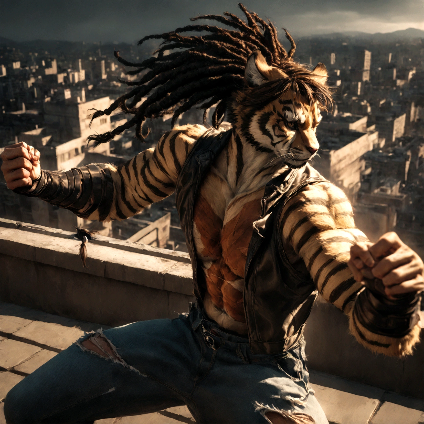 um homem tigre peludo e musculoso, magrelo, Atlético, usando manoplas de couro sem dedos, longos dreadlocks trançados, cicatrizes e tatuagens, jeans esfarrapados, hiper detalhado, 8K, fotorrealista, iluminação dramática, composição cinematográfica, atmosfera sombria e temperamental, paleta de cores quentes tem pelo branco no peito, é confuso, artista marcial, pose de ação, no telhado da cidade, colete jeans rasgado, tem bandagens ensanguentadas