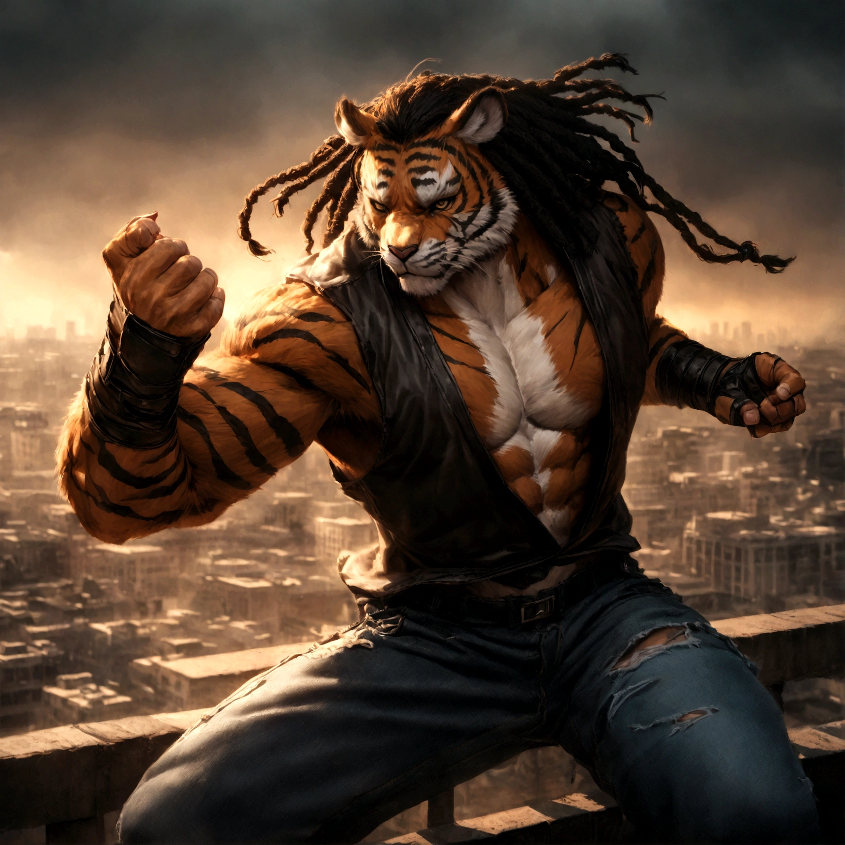 um homem tigre peludo e musculoso, magrelo, Atlético, usando manoplas de couro sem dedos, longos dreadlocks trançados, cicatrizes e tatuagens, jeans esfarrapados, hiper detalhado, 8K, fotorrealista, iluminação dramática, composição cinematográfica, atmosfera sombria e temperamental, paleta de cores quentes tem pelo branco no peito, é confuso, artista marcial, pose de ação, no telhado da cidade, colete jeans rasgado, tem bandagens ensanguentadas