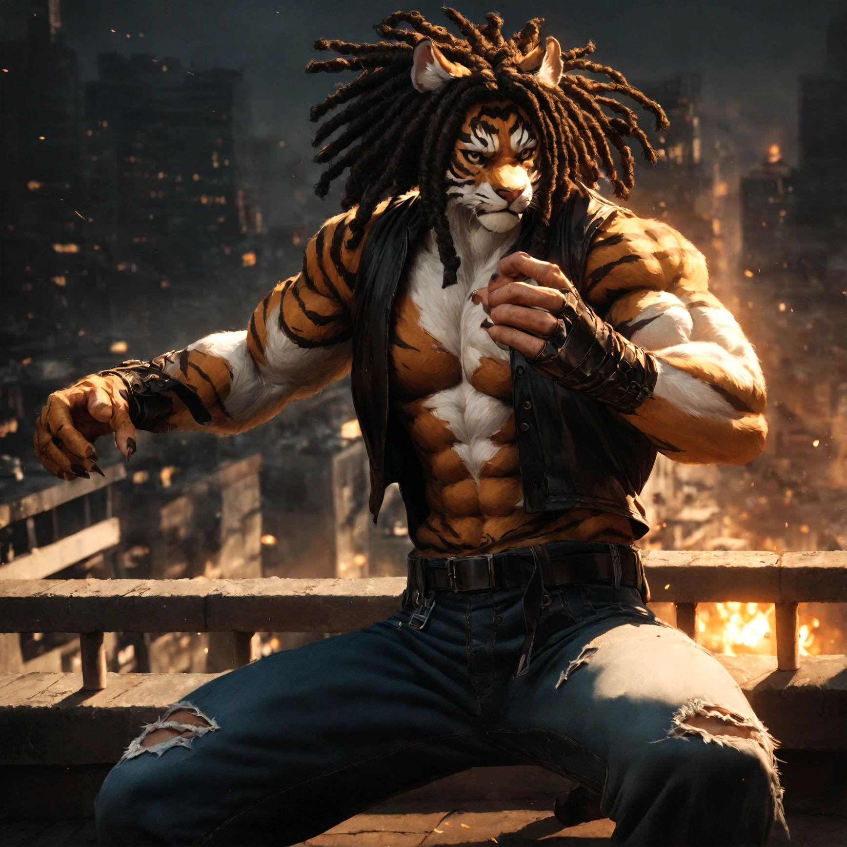 a muscular male furry tiger man, skinny, athletic, wearing leather fingerless gauntlets, long braided dreadlocks, scars and tattoos, tattered jeans, hyper detailed, 8k, photorealistic, dramatic lighting, cinematic composition, dark moody atmosphere, warm color palette has white fur on chest, is fuzzy, martial artist, action pose, on city rooftop, torn jean vest, has bloody handwraps