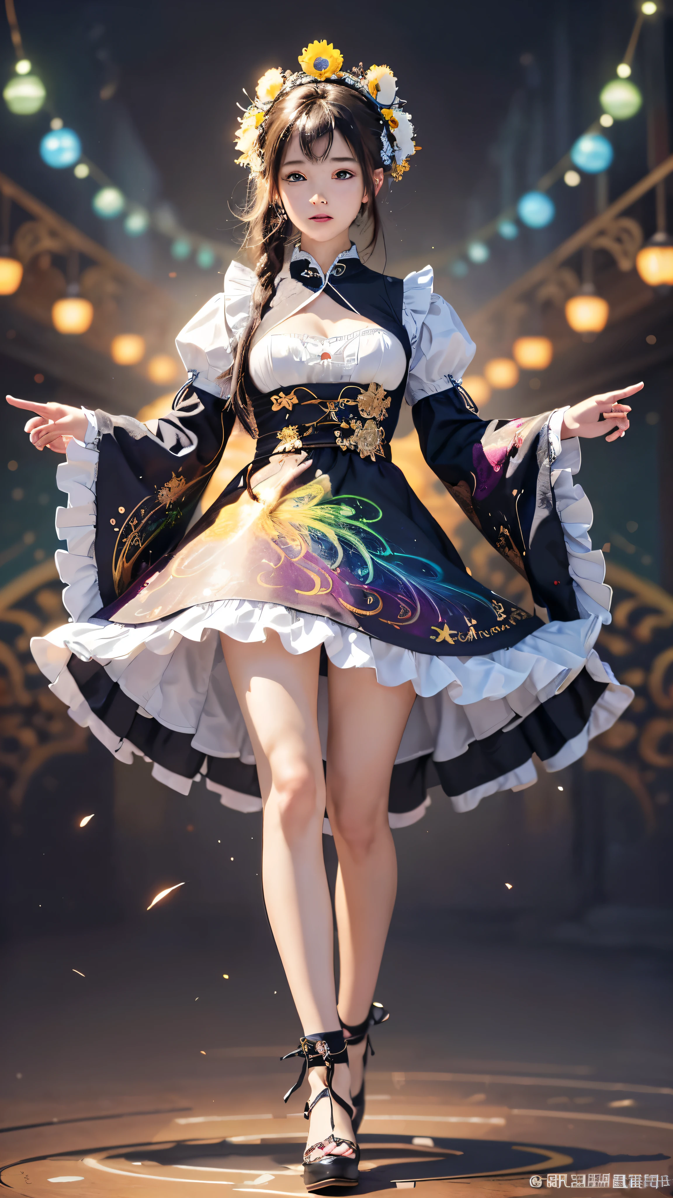 with high definition imageasterpiece、highest quality、highest quality、Official Art、Beautiful and aesthetic:1.2)、(1 Girl:1.3)、Details of the apron only outfit、(Fractal Art:1.2)、Vivid and rich colors、(Highest detail:1.4)、(Zentangle:1.2)、(Motion Capture:1.5)、(Abstract background、Bursting with color:1.5)、(Beauty in an apron:1.2)、(Shiny skin、Shining under the light:1.3)、(Many colors、harmonious blend:1.4)、 Focus on facial expressions and details。Full body high quality images