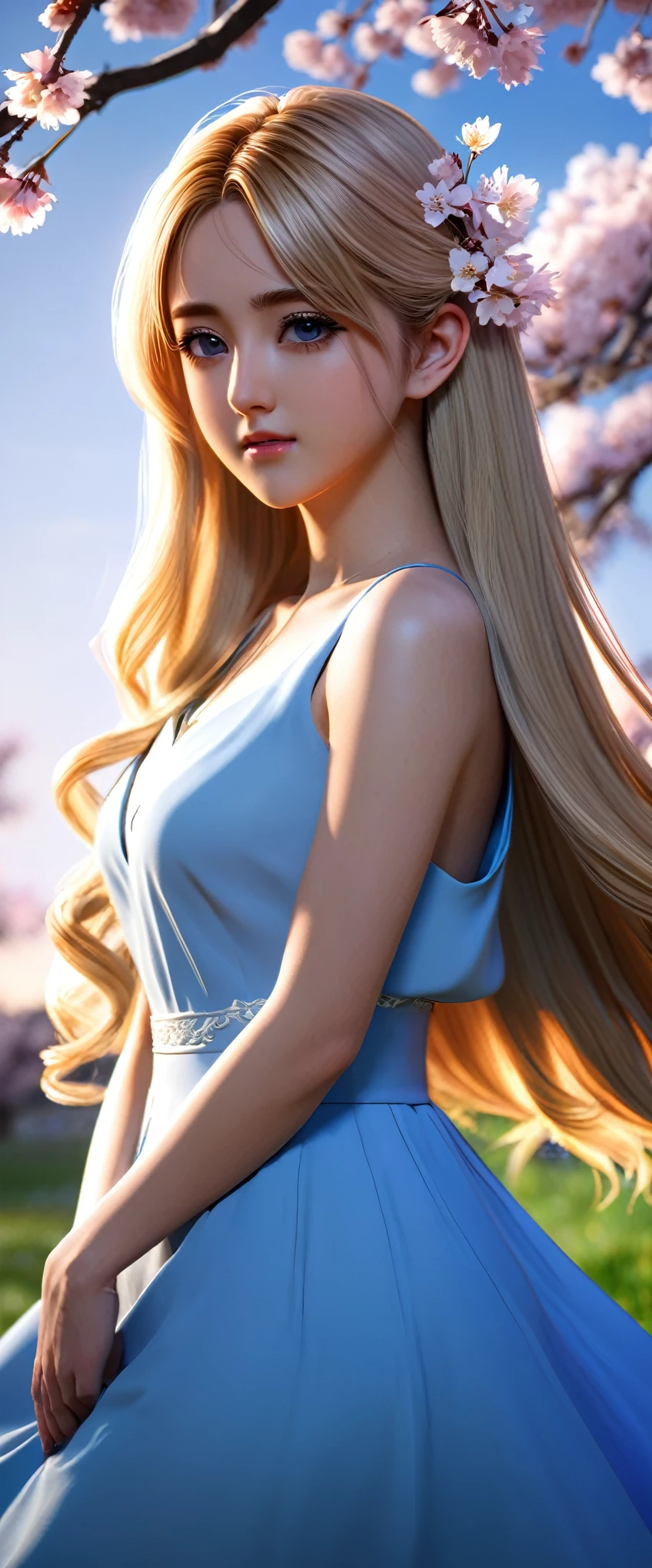 1.masterpiece、highest quality render、16K UHD、 Permanent Enchanting Scene、Outdoor、sunset、Pasture、Cherry Blossom Grove、Blonde woman with long hair and blue dress posing、Anime realism style、Photorealistic anime girl rendering、Smooth Anime CG Art、Anime realism style、Realistic art style、Realistic young anime girl、Gorgeous digital painting、Realistic anime 3D style、Beautiful Anime Portraits、Close-up character portraits、3D Anime Real、Anime style portrait。2.Maximum resolution