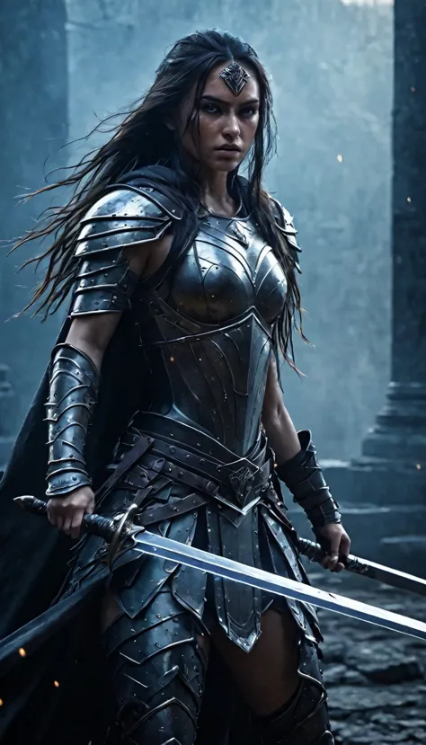 (1girl in dark fantasy, female warrior of shadow, full body shot, tattered cloak, wielding a glowing sword, long dark hair, pier...